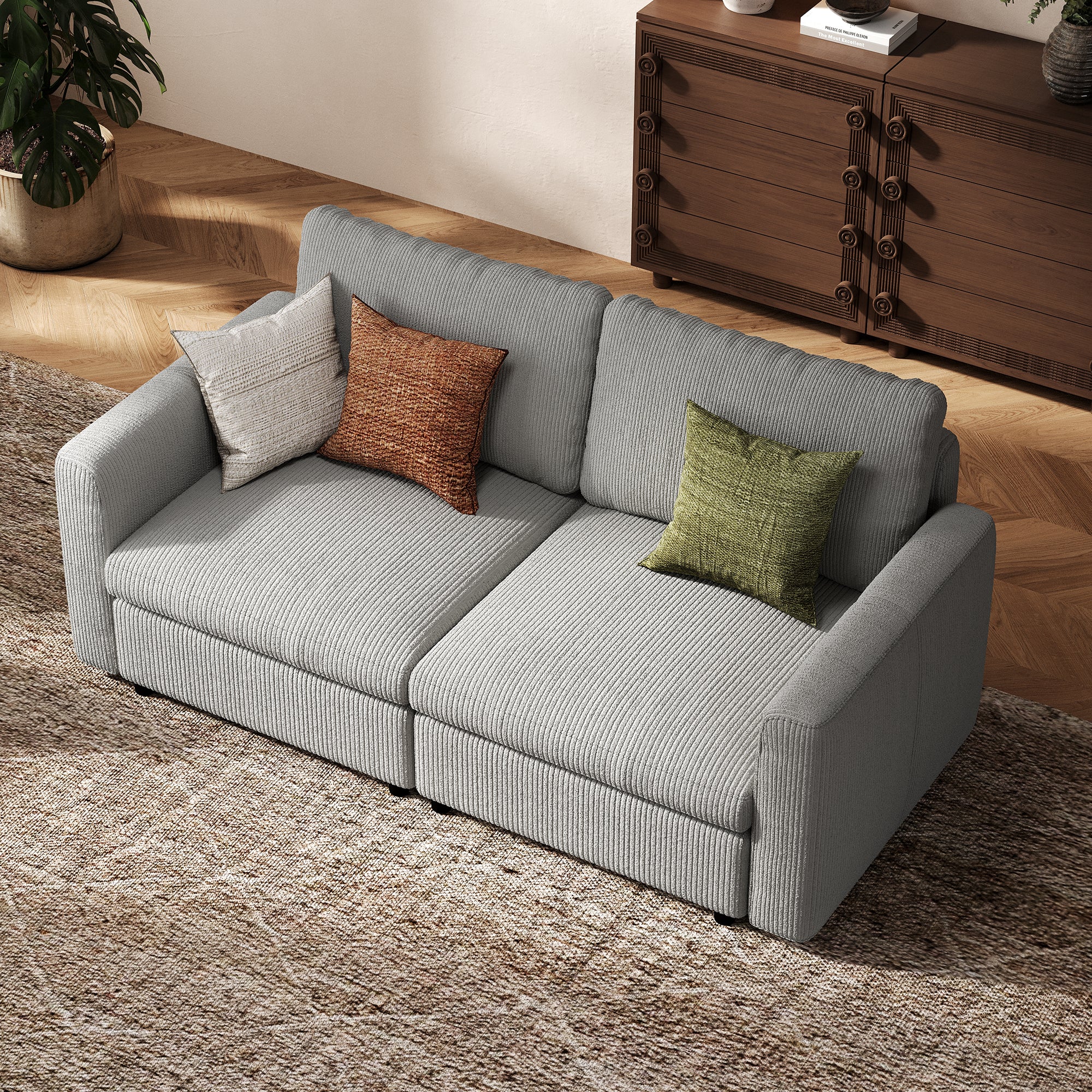 2-Seater Dove Grey Corduroy Modular Sofa with Deep Seat