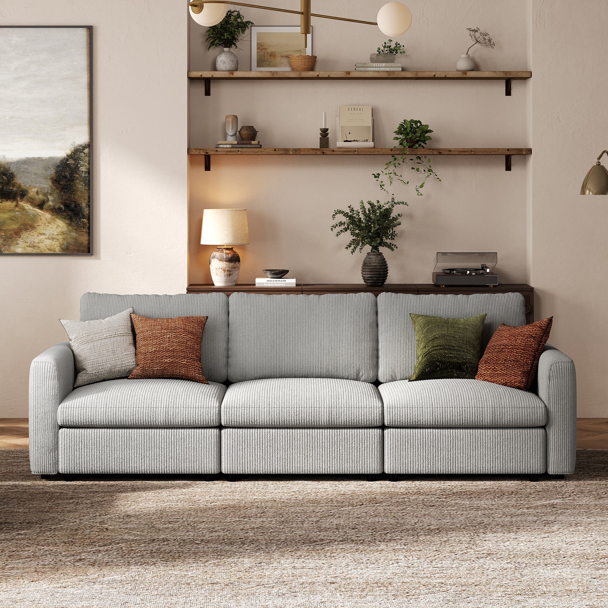 3-Seater Dove Grey Corduroy Modular Sofa with Deep Seat