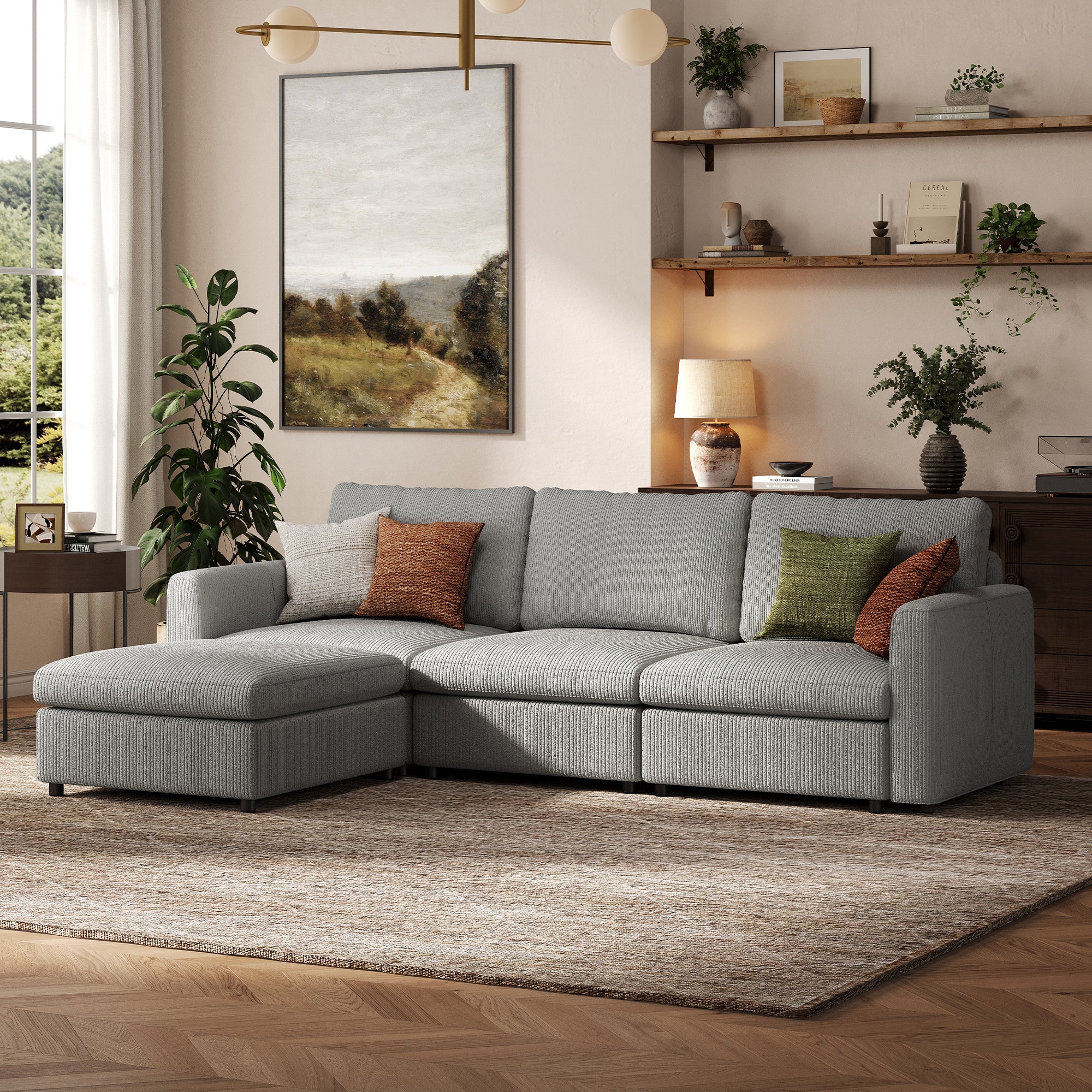3-Seater + Ottoman Dove Grey Corduroy Modular Sofa with Deep Seat