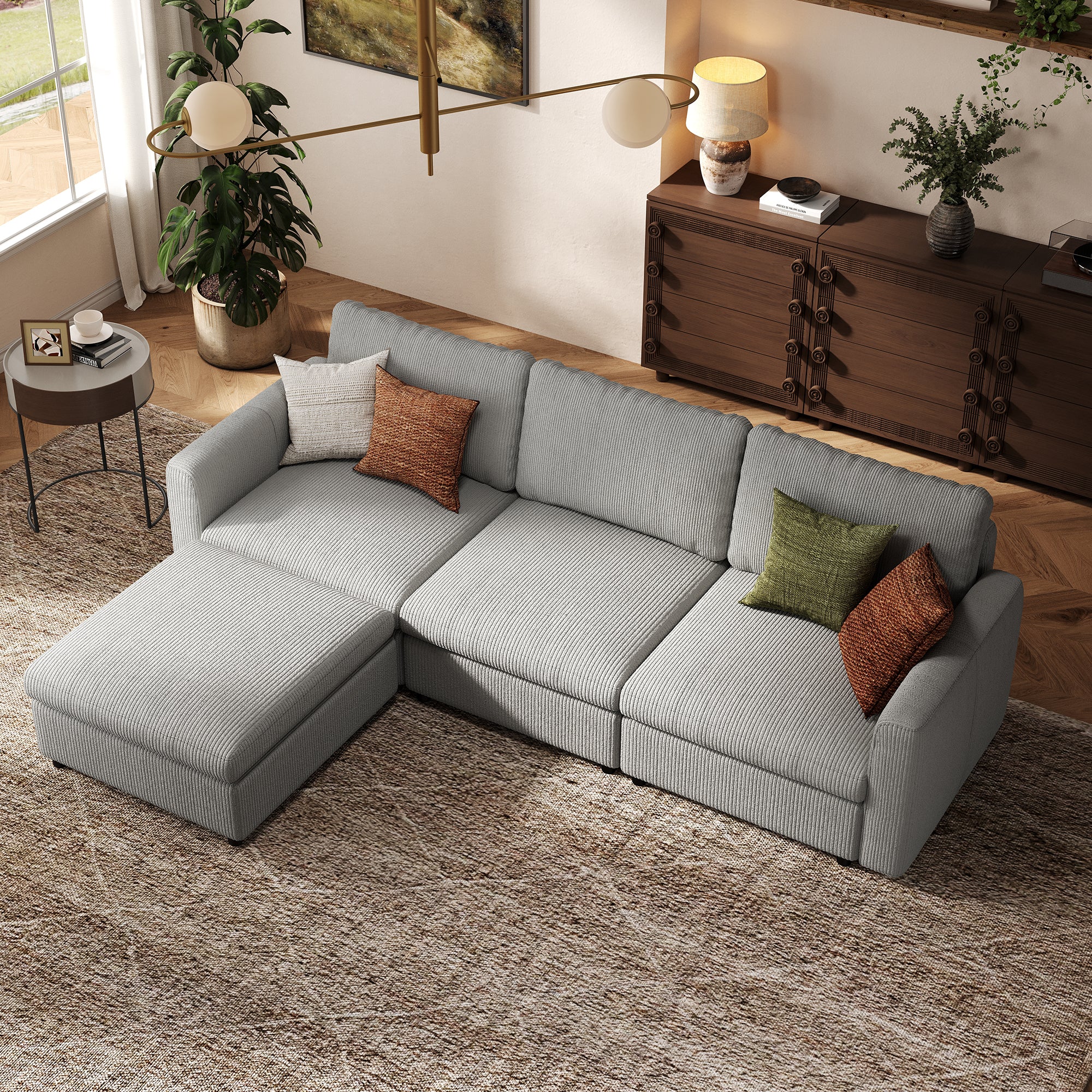 3-Seater + Ottoman Dove Grey Corduroy Modular Sofa with Deep Seat