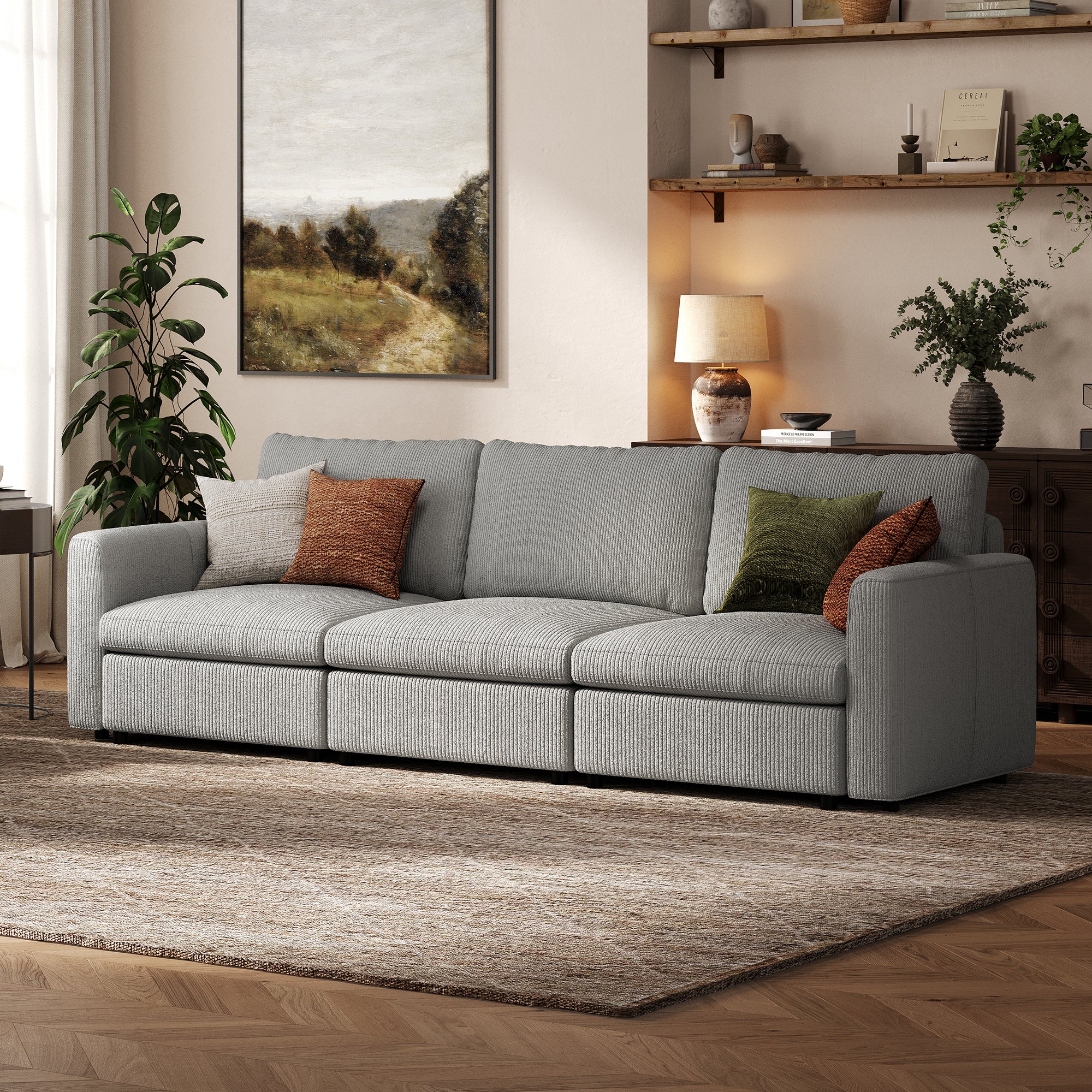 3-Seater Dove Grey Corduroy Modular Sofa with Deep Seat