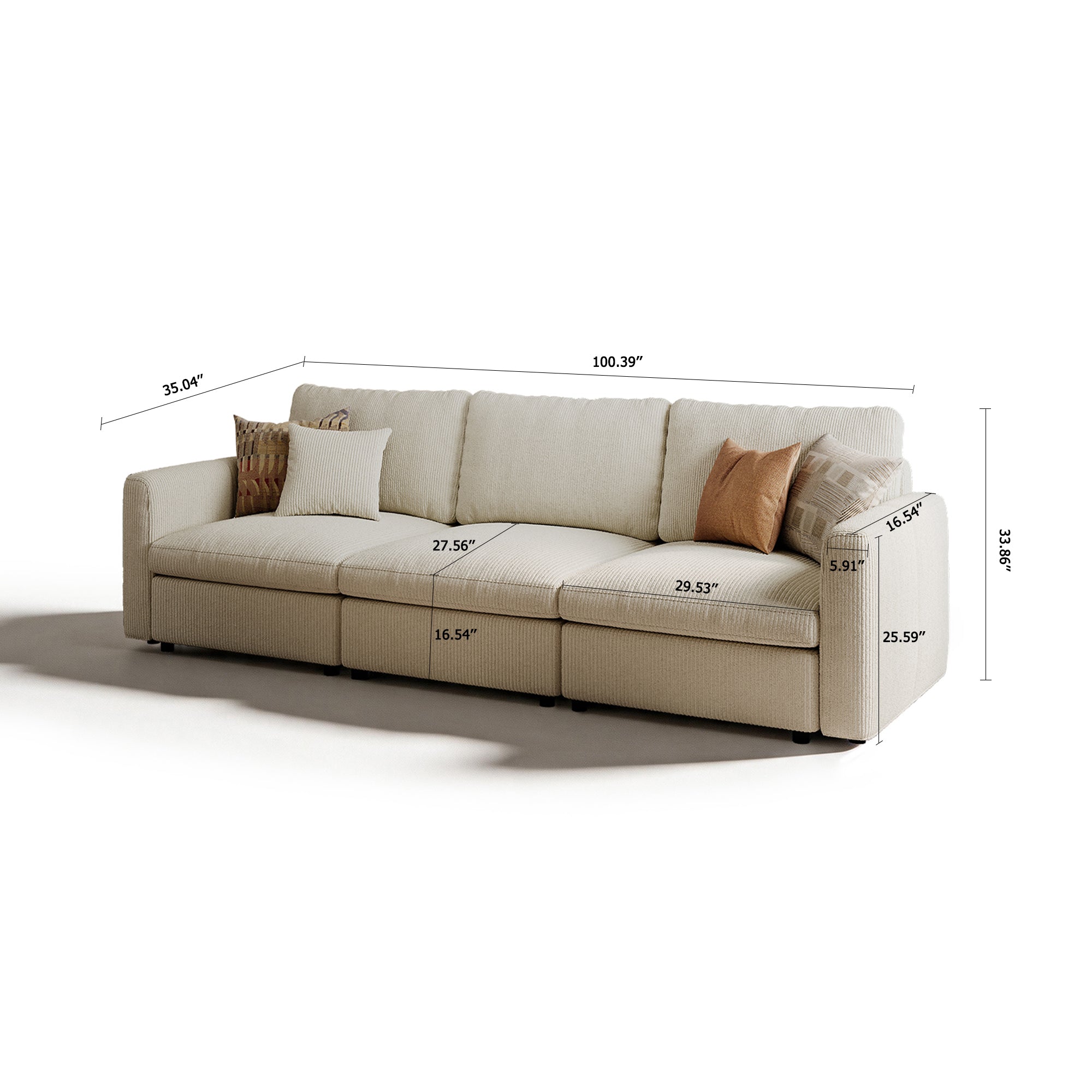 3-Seater Dove Grey Corduroy Modular Sofa with Deep Seat