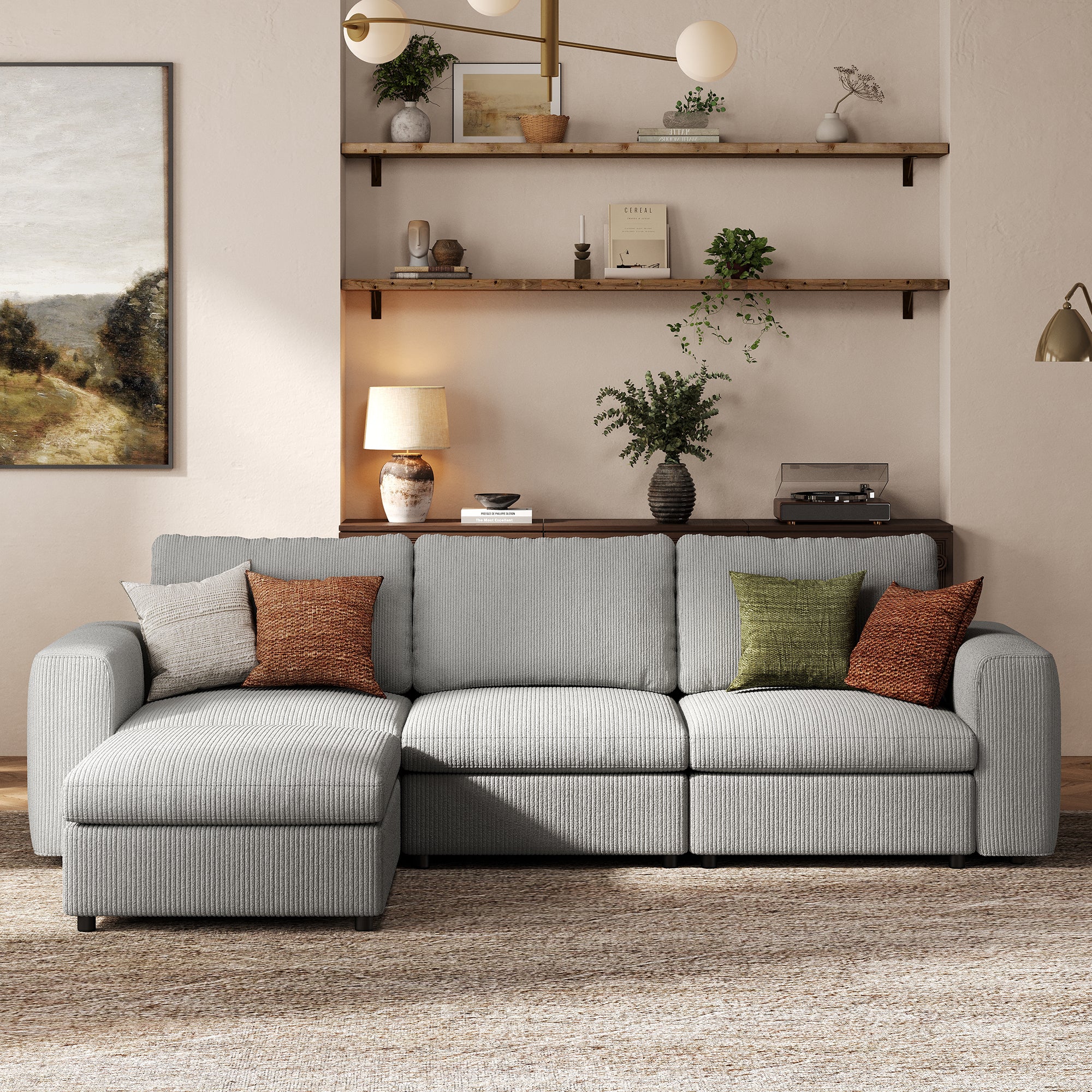 3-Seater + Ottoman Dove Grey Corduroy Modular Sofa with Deep Seat