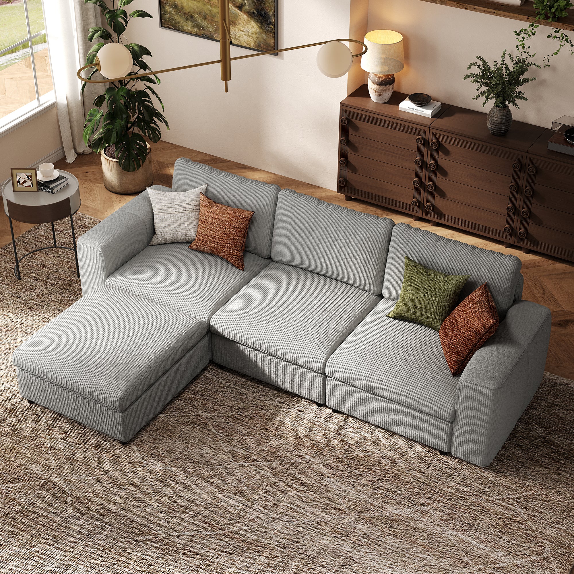 3-Seater + Ottoman Dove Grey Corduroy Modular Sofa with Deep Seat