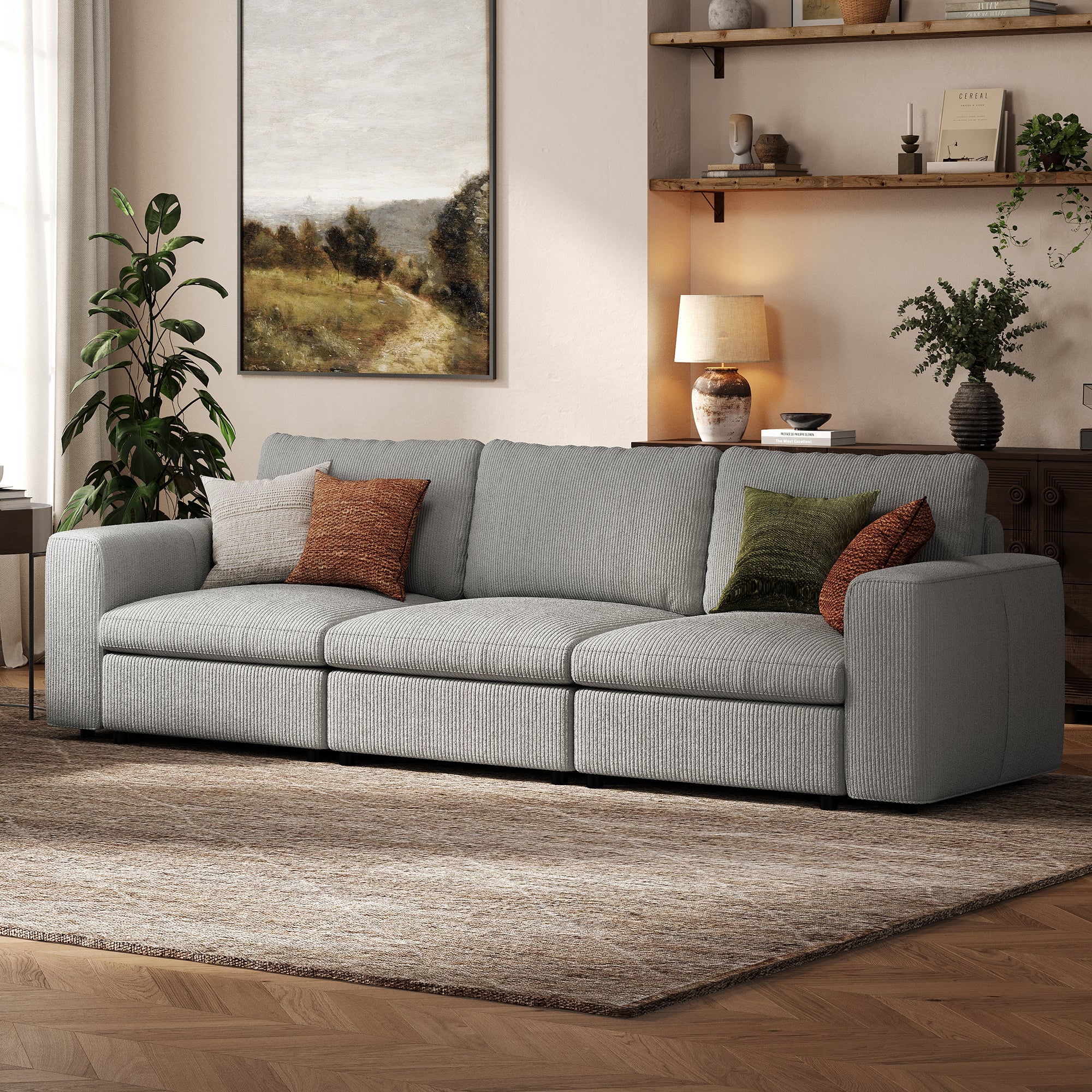 3-Seater Dove Grey Corduroy Modular Sofa with Deep Seat