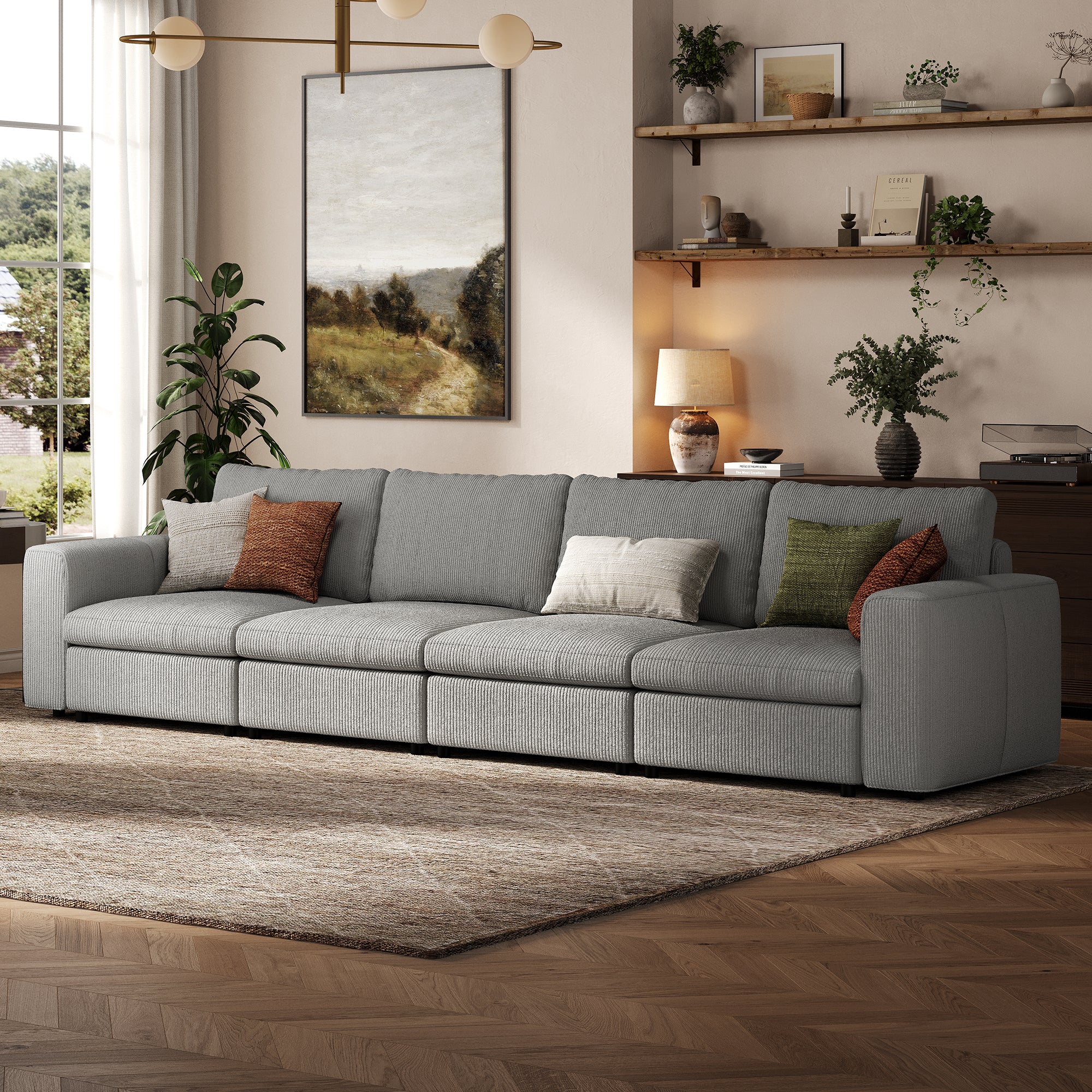 4-Seater Dove Grey Corduroy Modular Sofa with Deep Seat