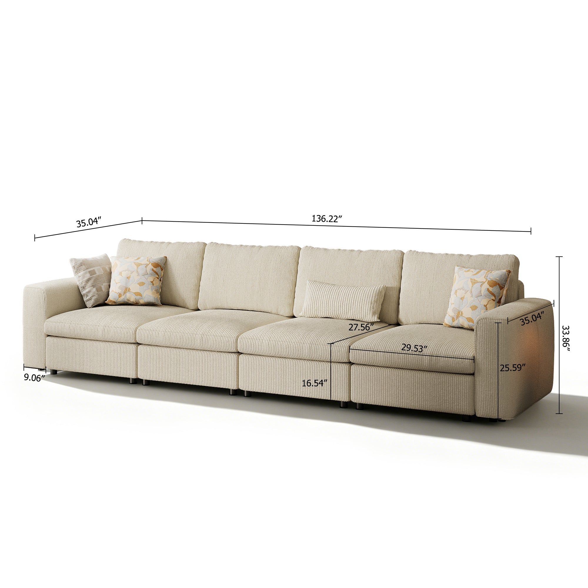4-Seater Dove Grey Corduroy Modular Sofa with Deep Seat
