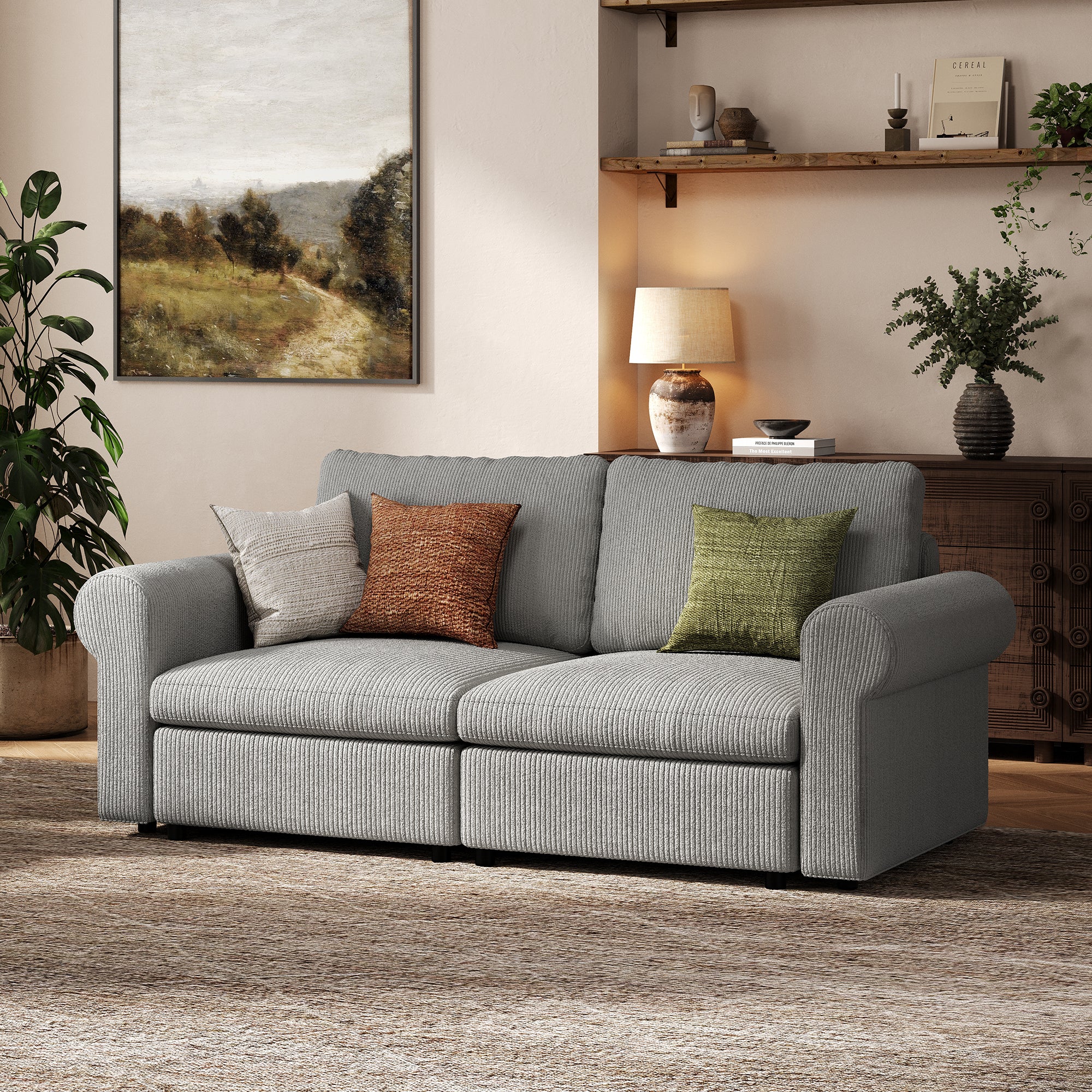 2-Seater Dove Grey Corduroy Modular Sofa with Deep Seat