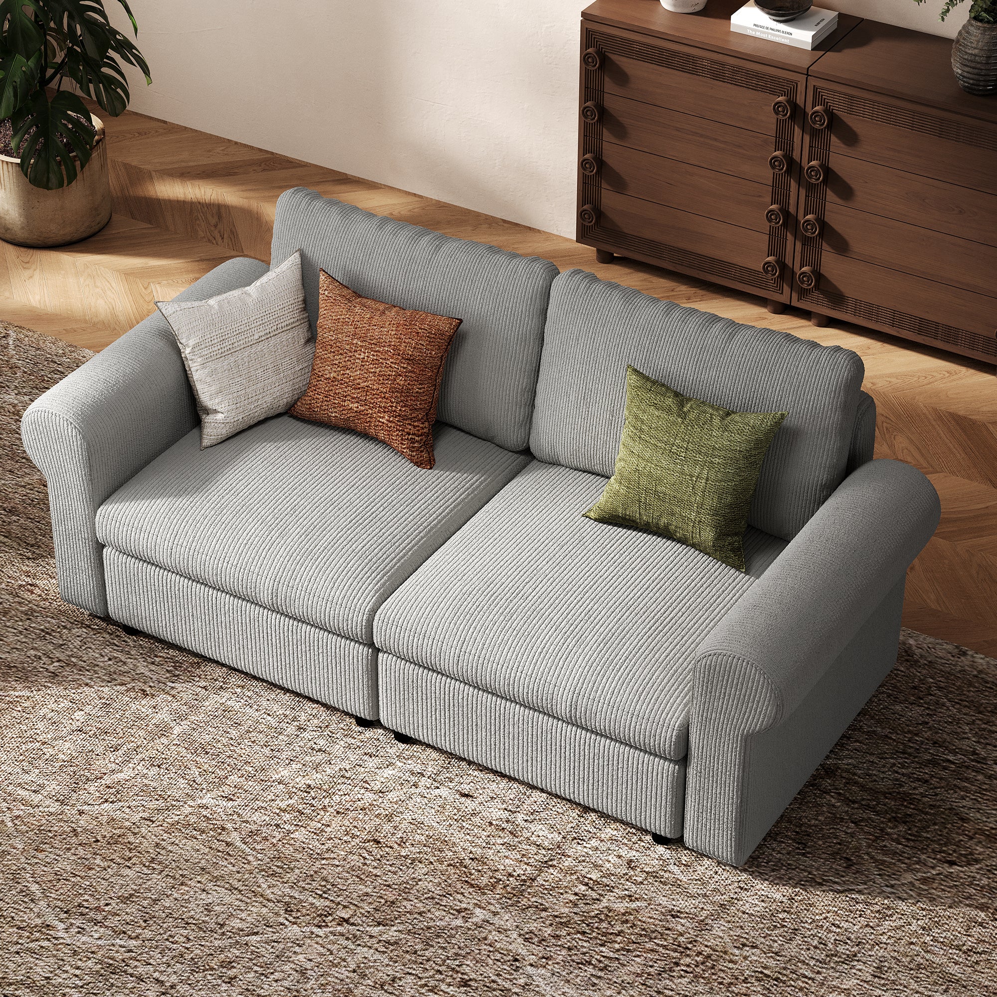 2-Seater Dove Grey Corduroy Modular Sofa with Deep Seat