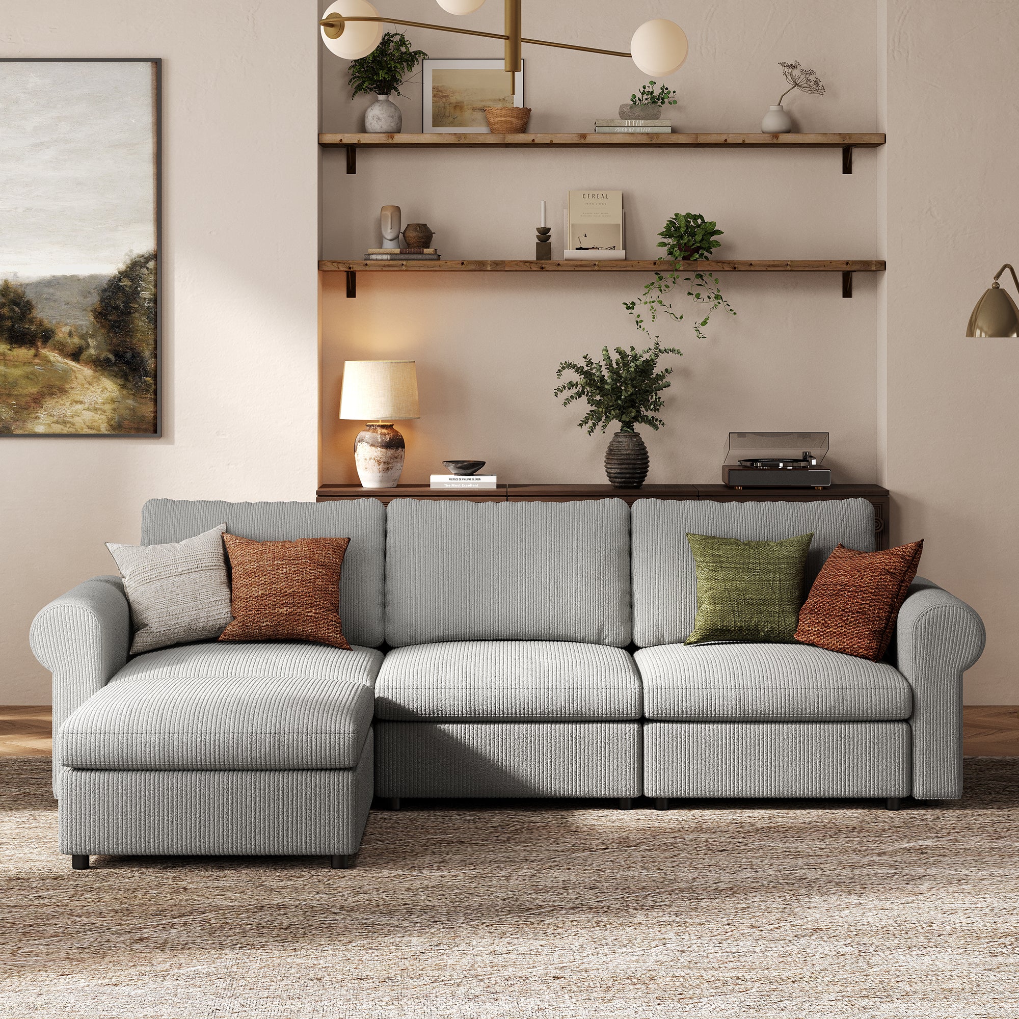 3-Seater + Ottoman Dove Grey Corduroy Modular Sofa with Deep Seat