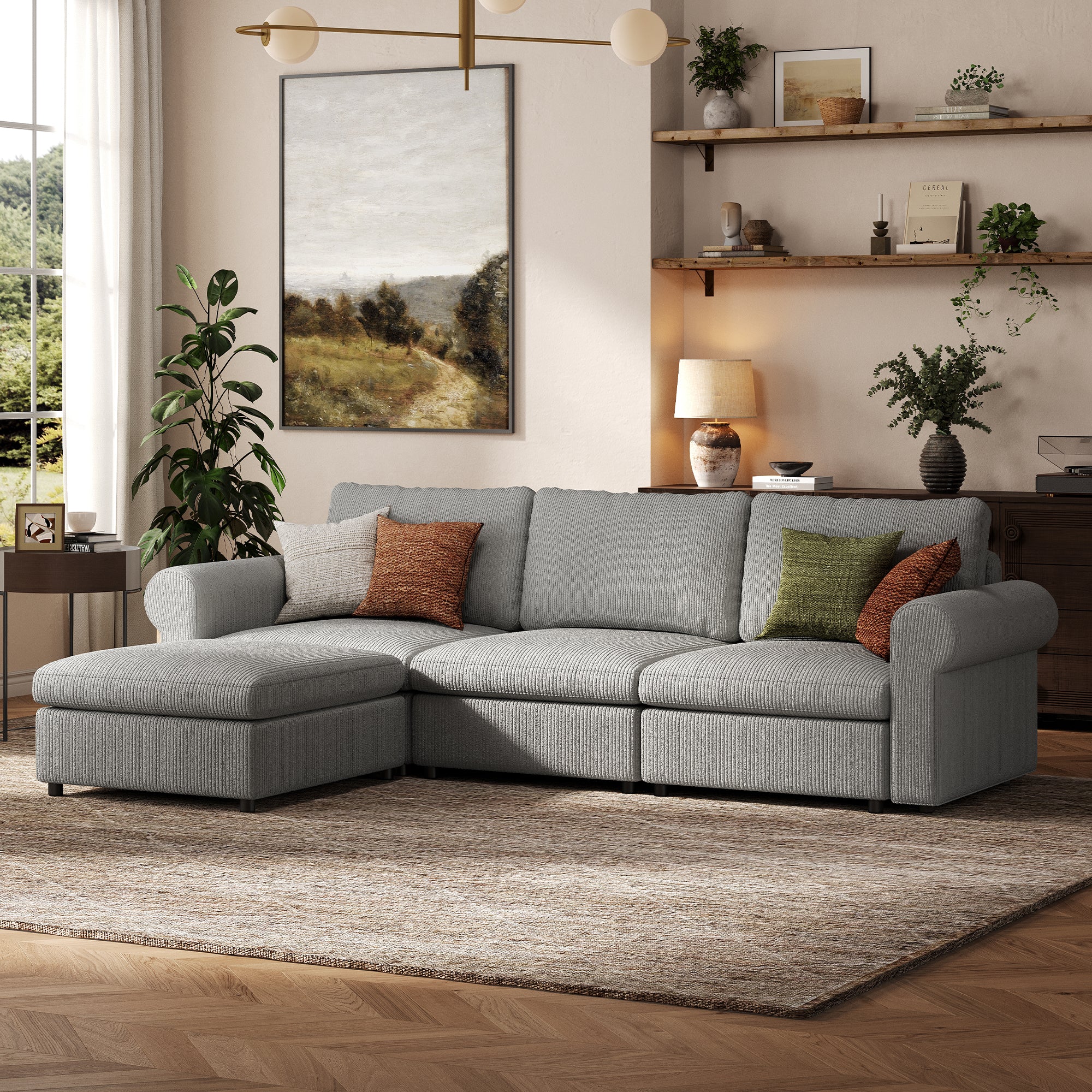 3-Seater + Ottoman Dove Grey Corduroy Modular Sofa with Deep Seat