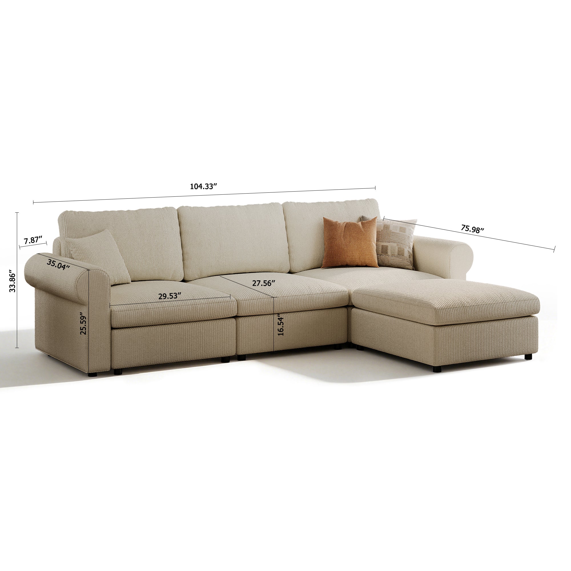 3-Seater + Ottoman Dove Grey Corduroy Modular Sofa with Deep Seat