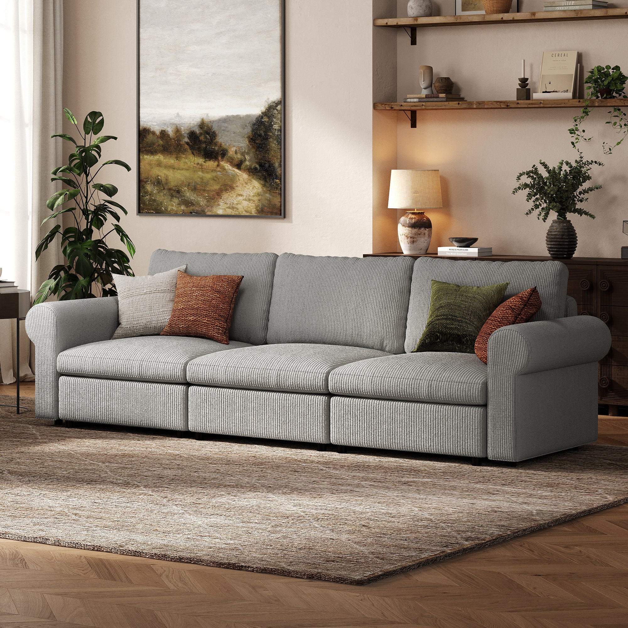 3-Seater Dove Grey Corduroy Modular Sofa with Deep Seat