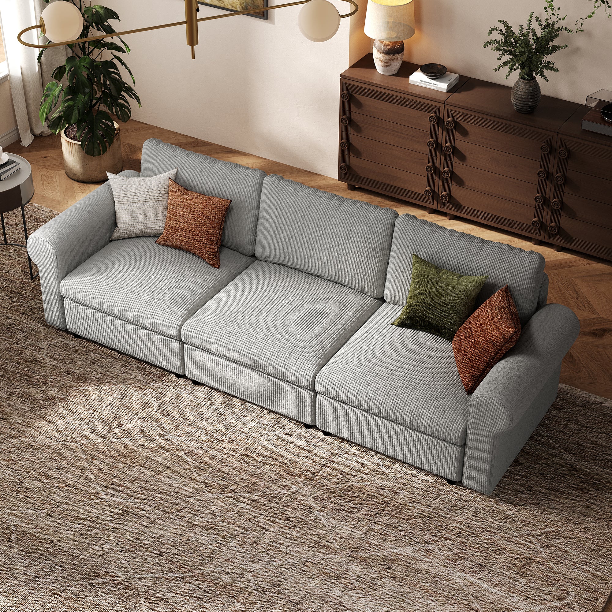 3-Seater Dove Grey Corduroy Modular Sofa with Deep Seat