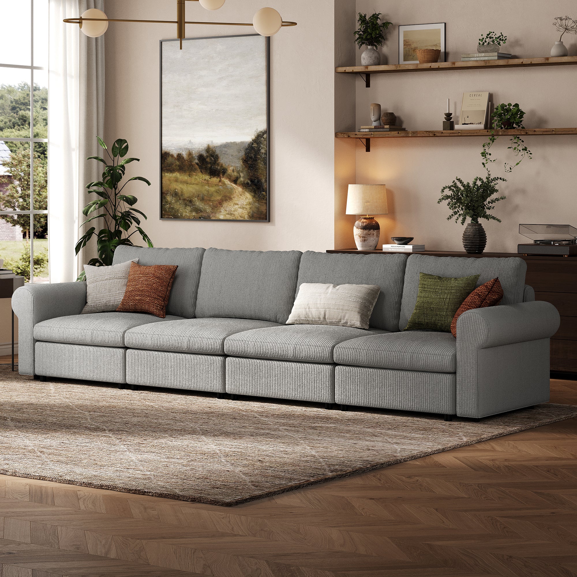 4-Seater Dove Grey Corduroy Modular Sofa with Deep Seat