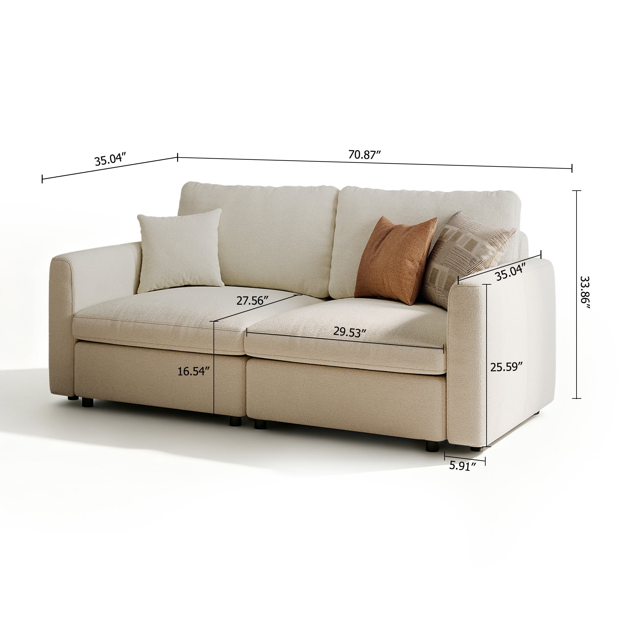 2-Seater Dove Grey Chenille Modular Sofa with Deep Seat