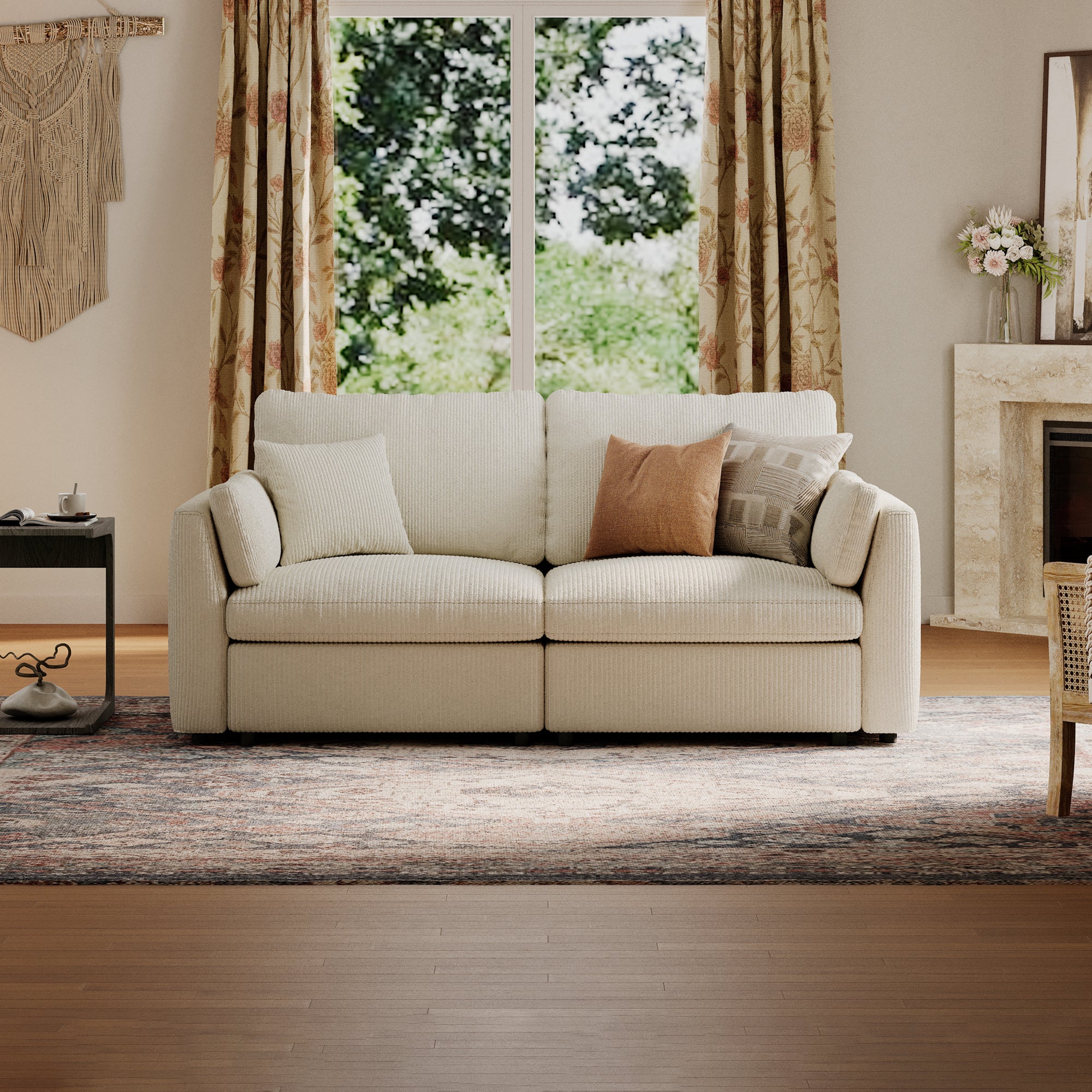 2-Seater Cream Corduroy Modular Sofa with Deep Seat