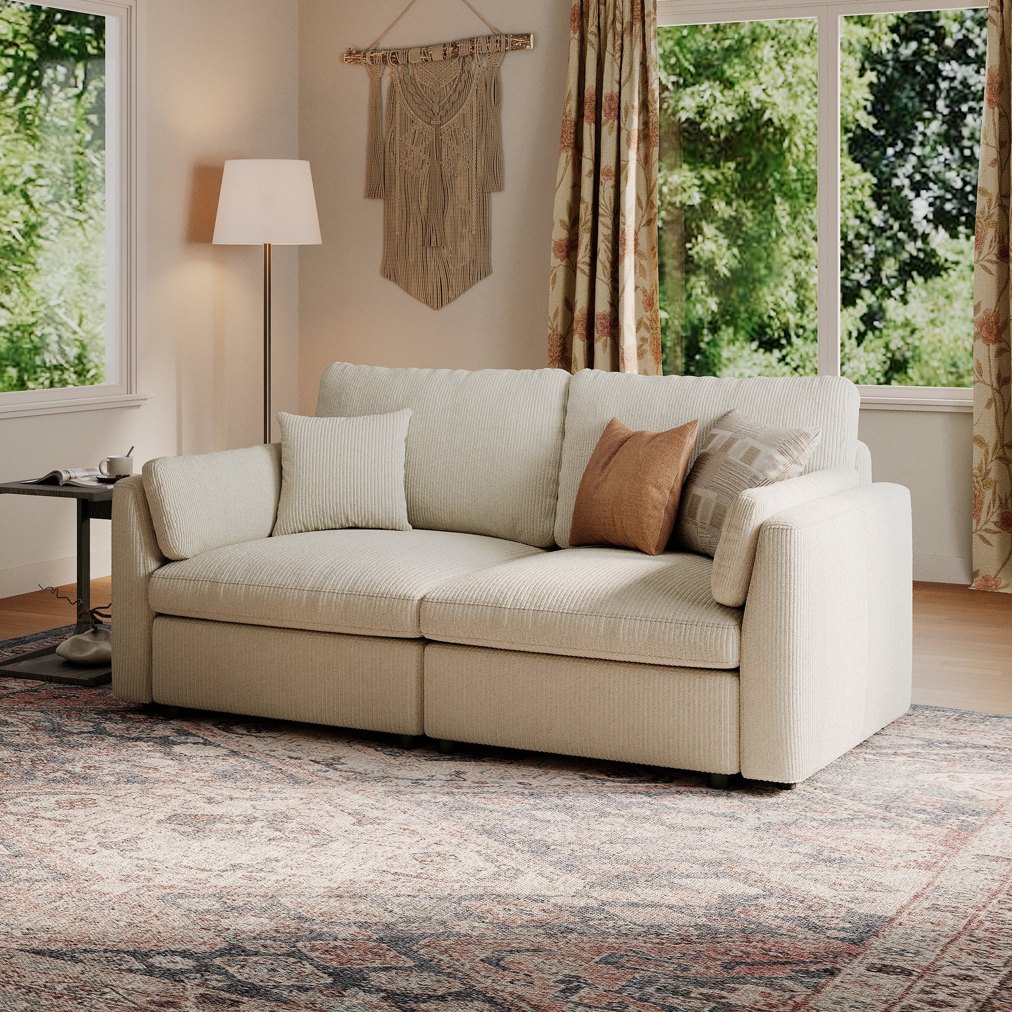 2-Seater Cream Corduroy Modular Sofa with Deep Seat
