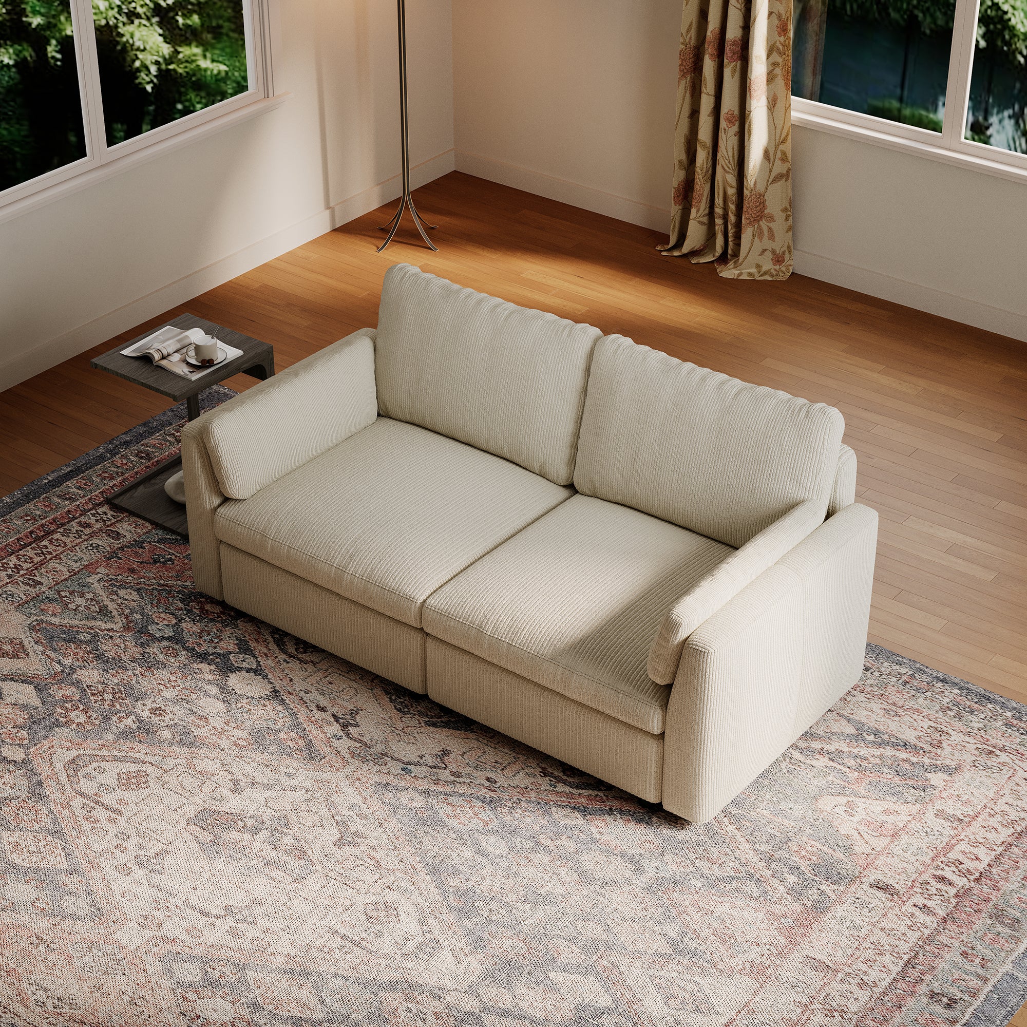 2-Seater Cream Corduroy Modular Sofa with Deep Seat