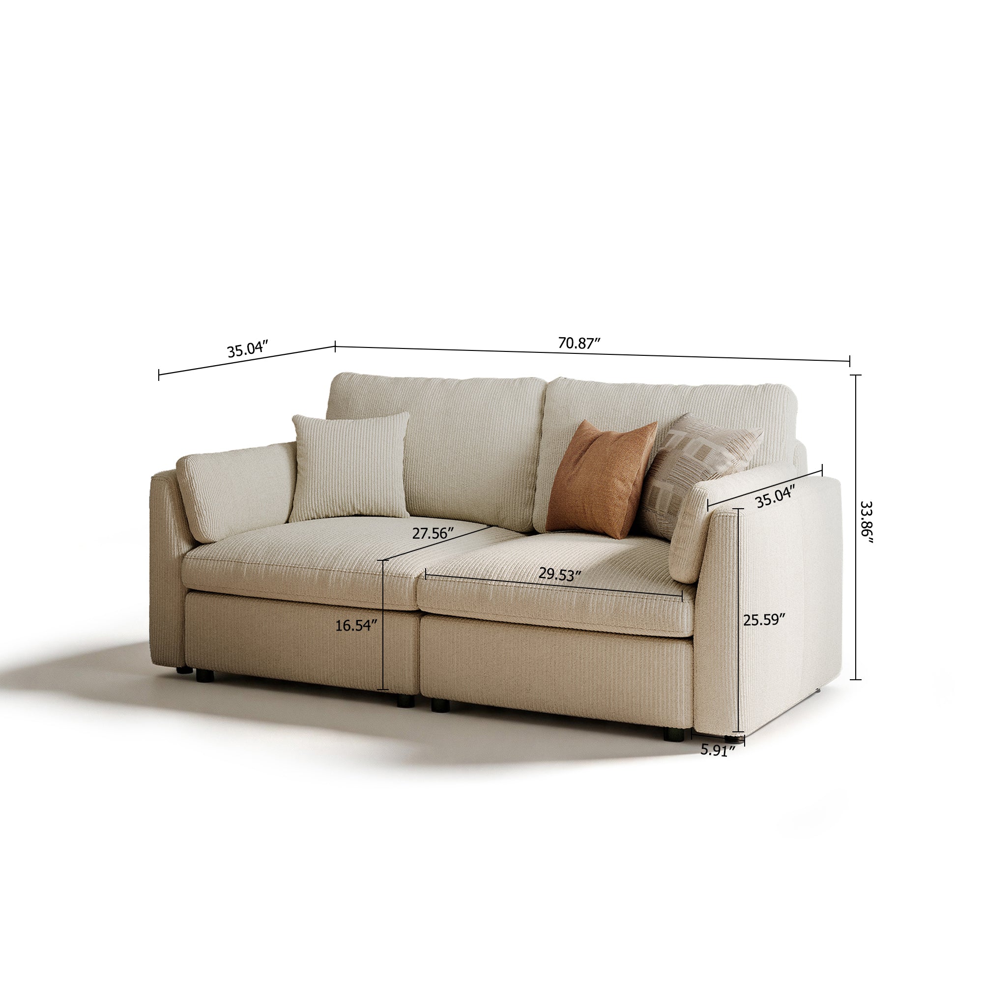 2-Seater Cream Corduroy Modular Sofa with Deep Seat