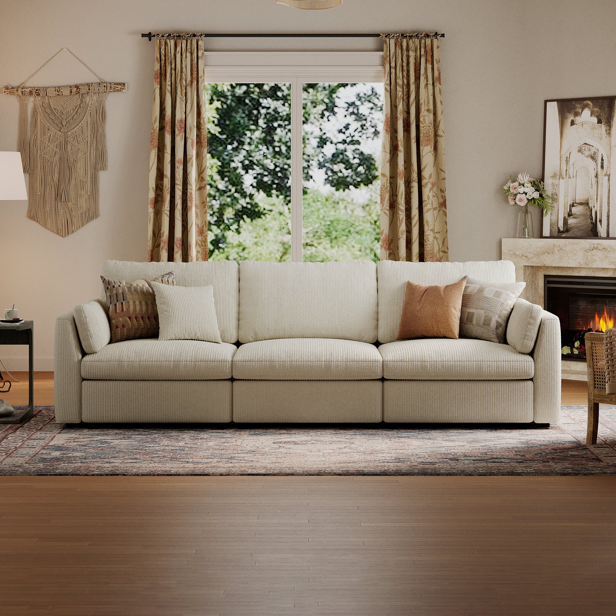 3-Seater Cream Corduroy Modular Sofa with Deep Seat