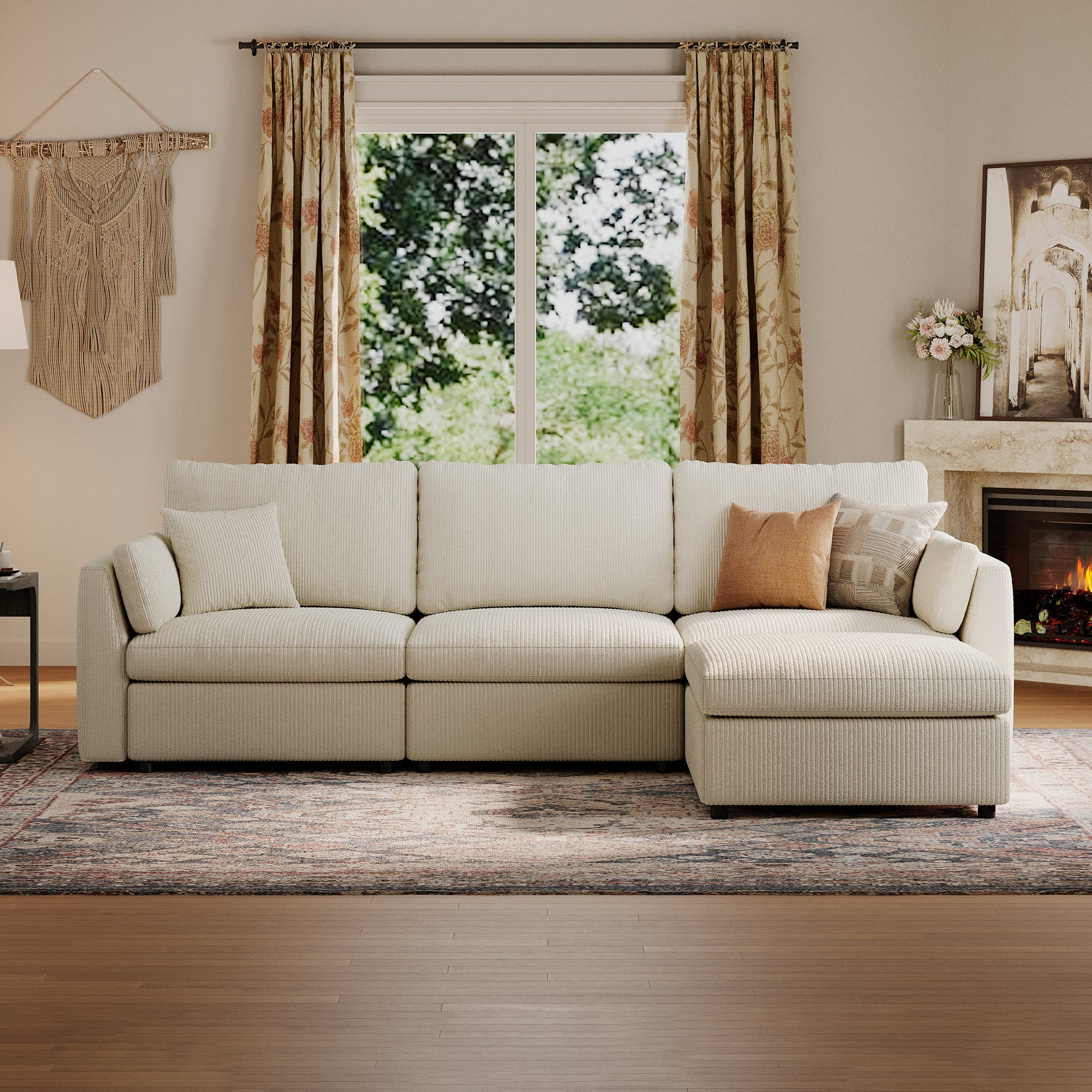 3-Seater + Ottoman Cream Corduroy Modular Sofa with Deep Seat