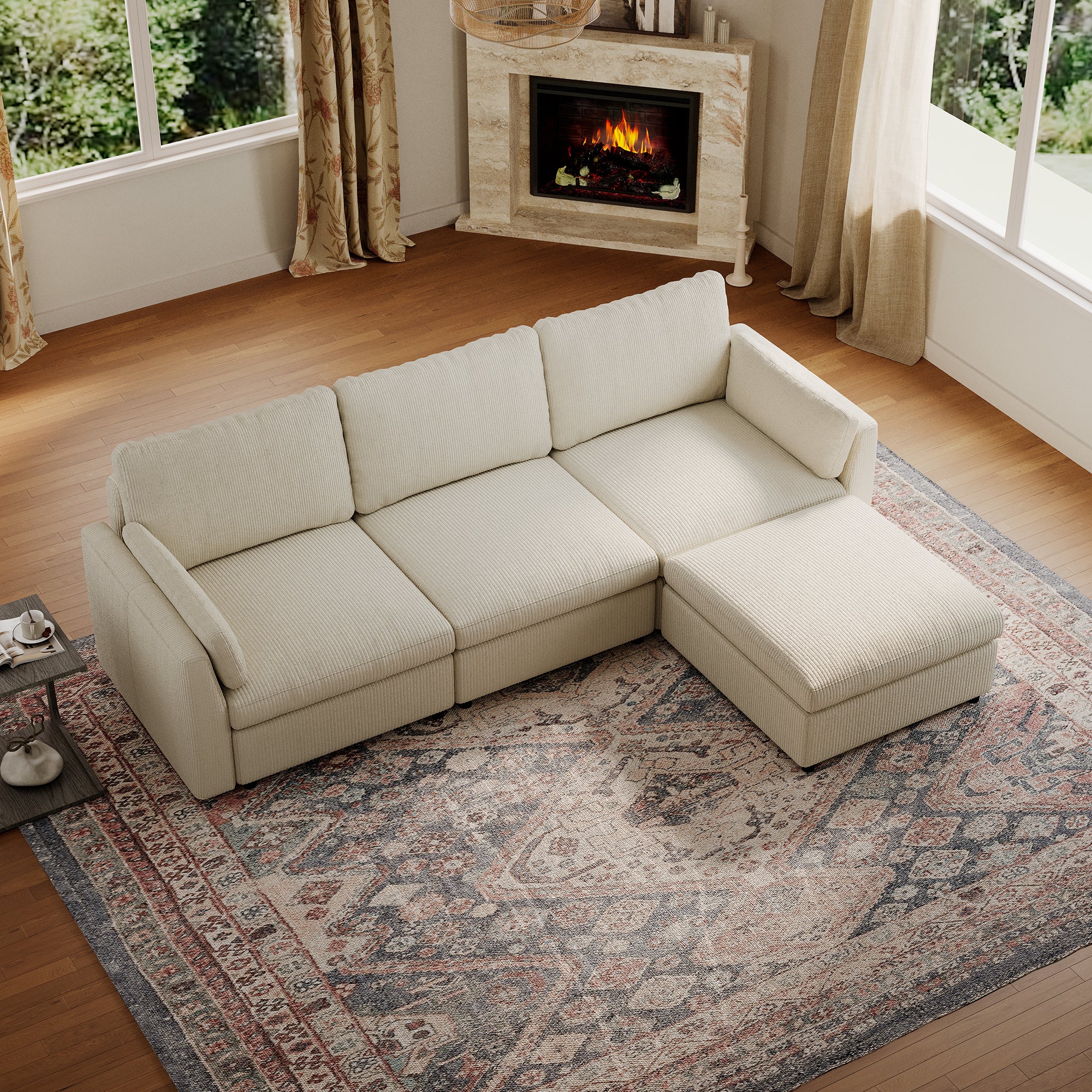 3-Seater + Ottoman Cream Corduroy Modular Sofa with Deep Seat