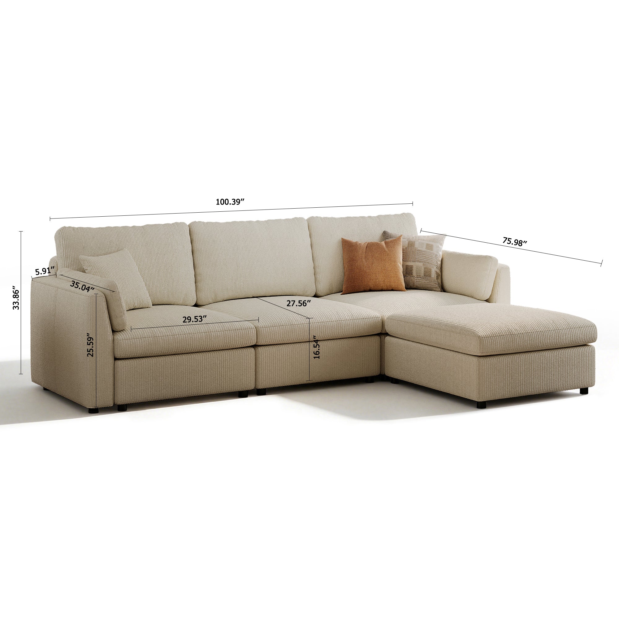 3-Seater + Ottoman Cream Corduroy Modular Sofa with Deep Seat