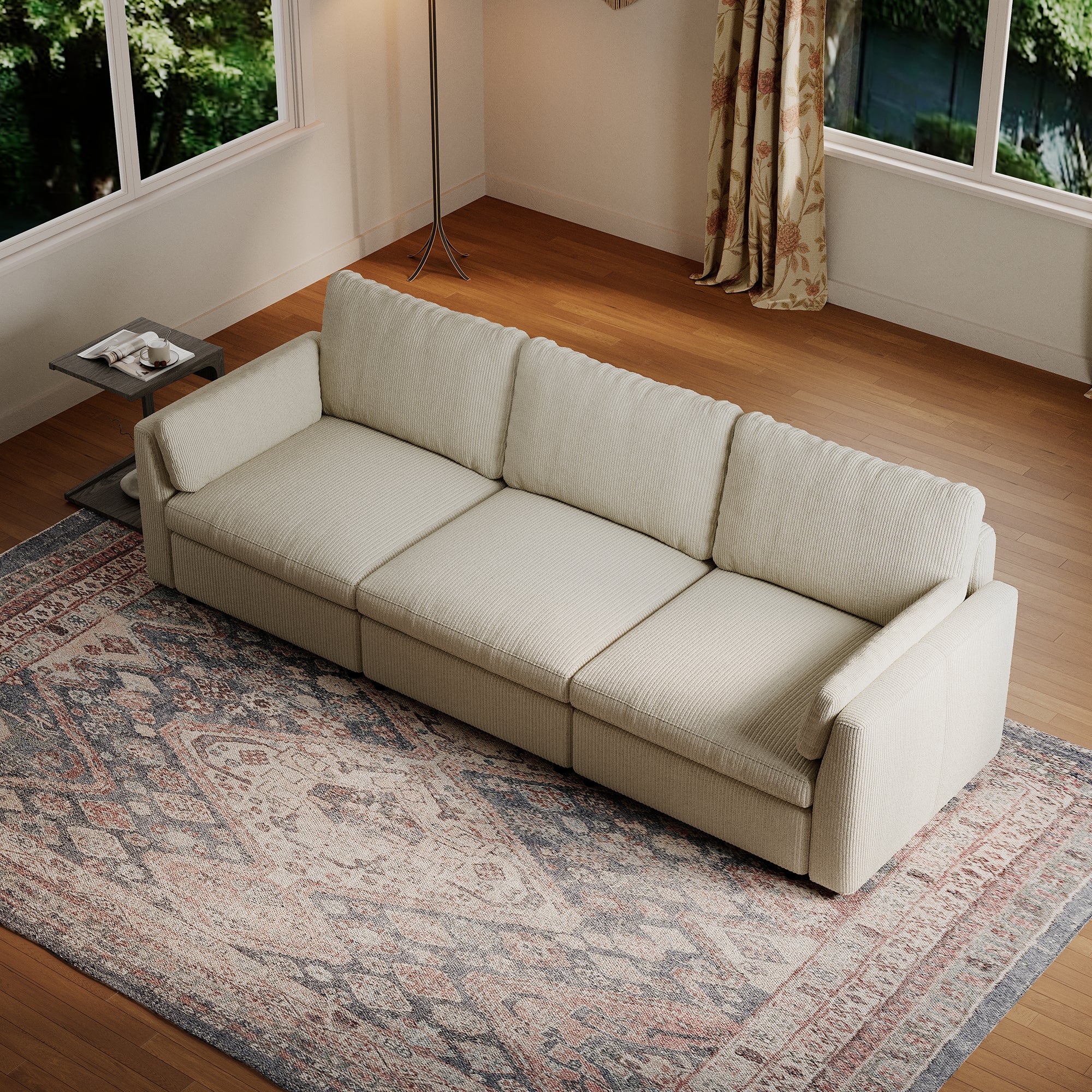 3-Seater Cream Corduroy Modular Sofa with Deep Seat