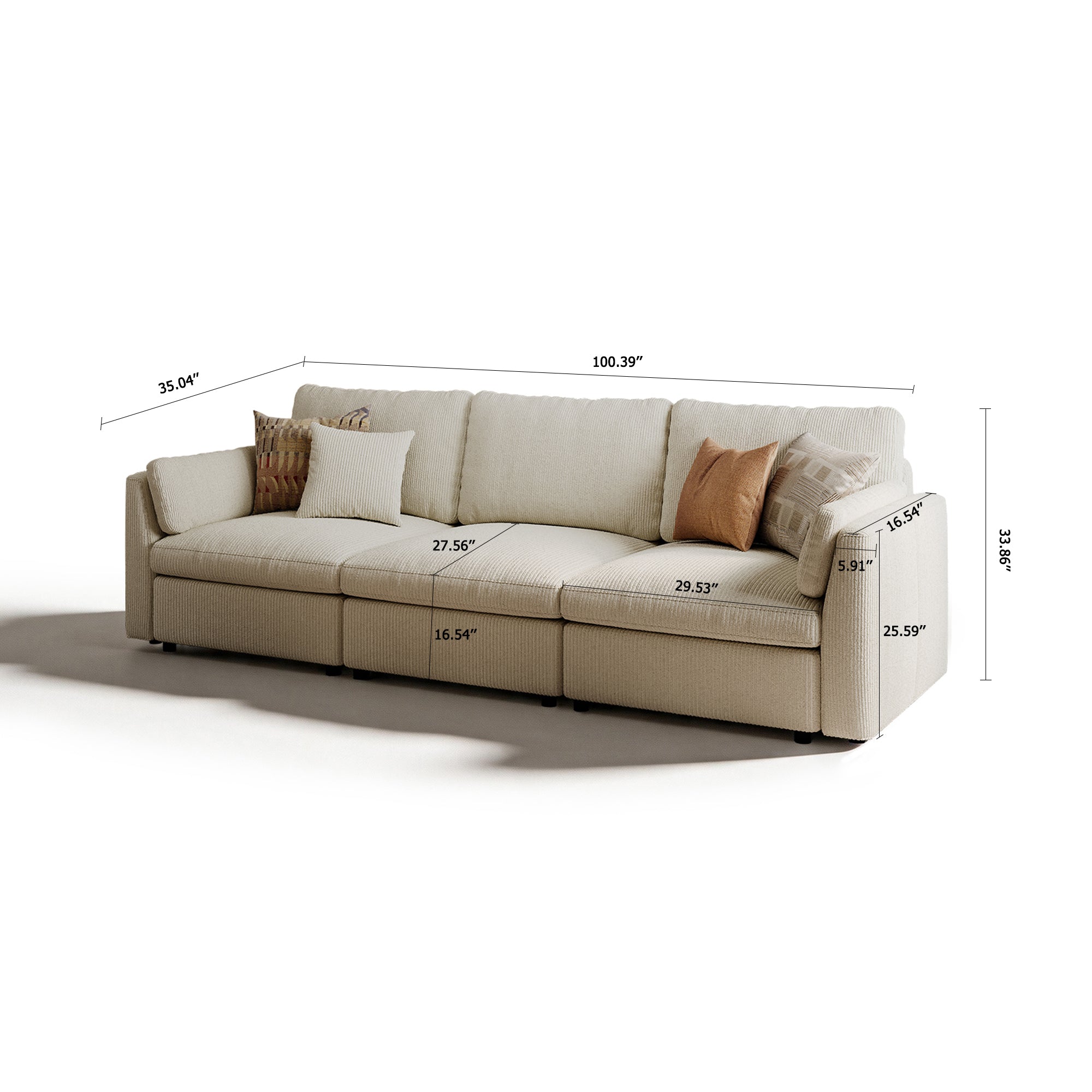3-Seater Cream Corduroy Modular Sofa with Deep Seat