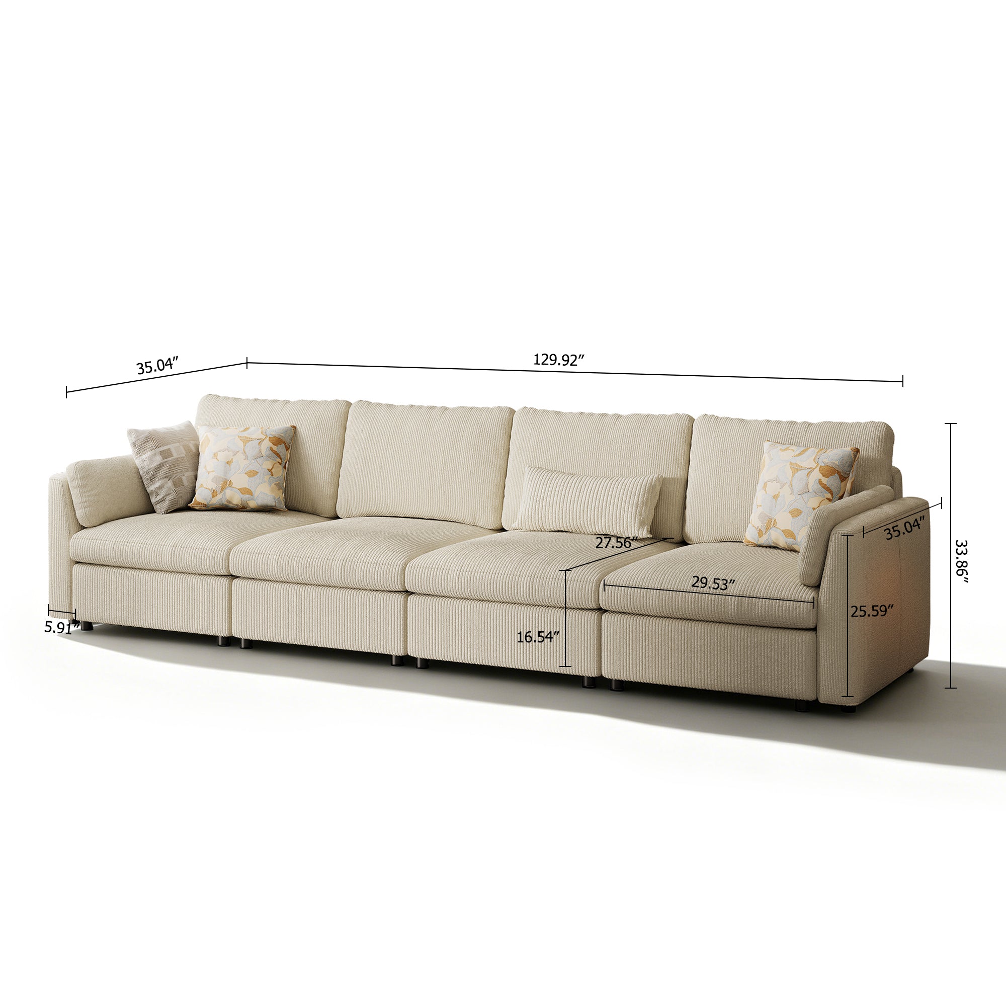 4-Seater Cream Corduroy Modular Sofa with Deep Seat