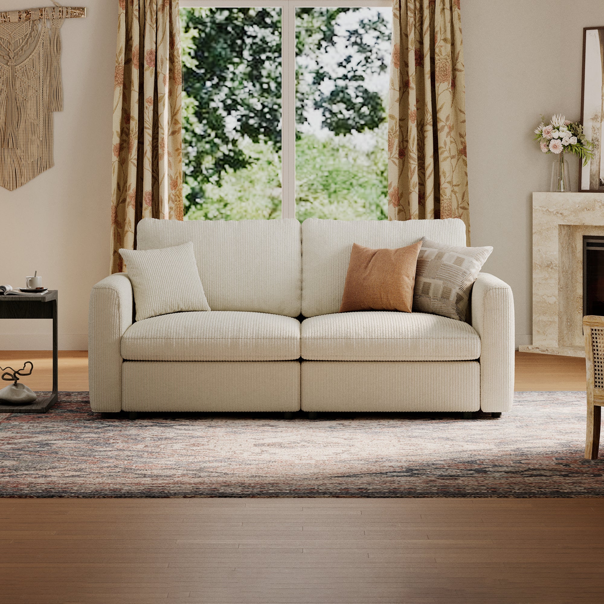 2-Seater Cream Corduroy Modular Sofa with Deep Seat