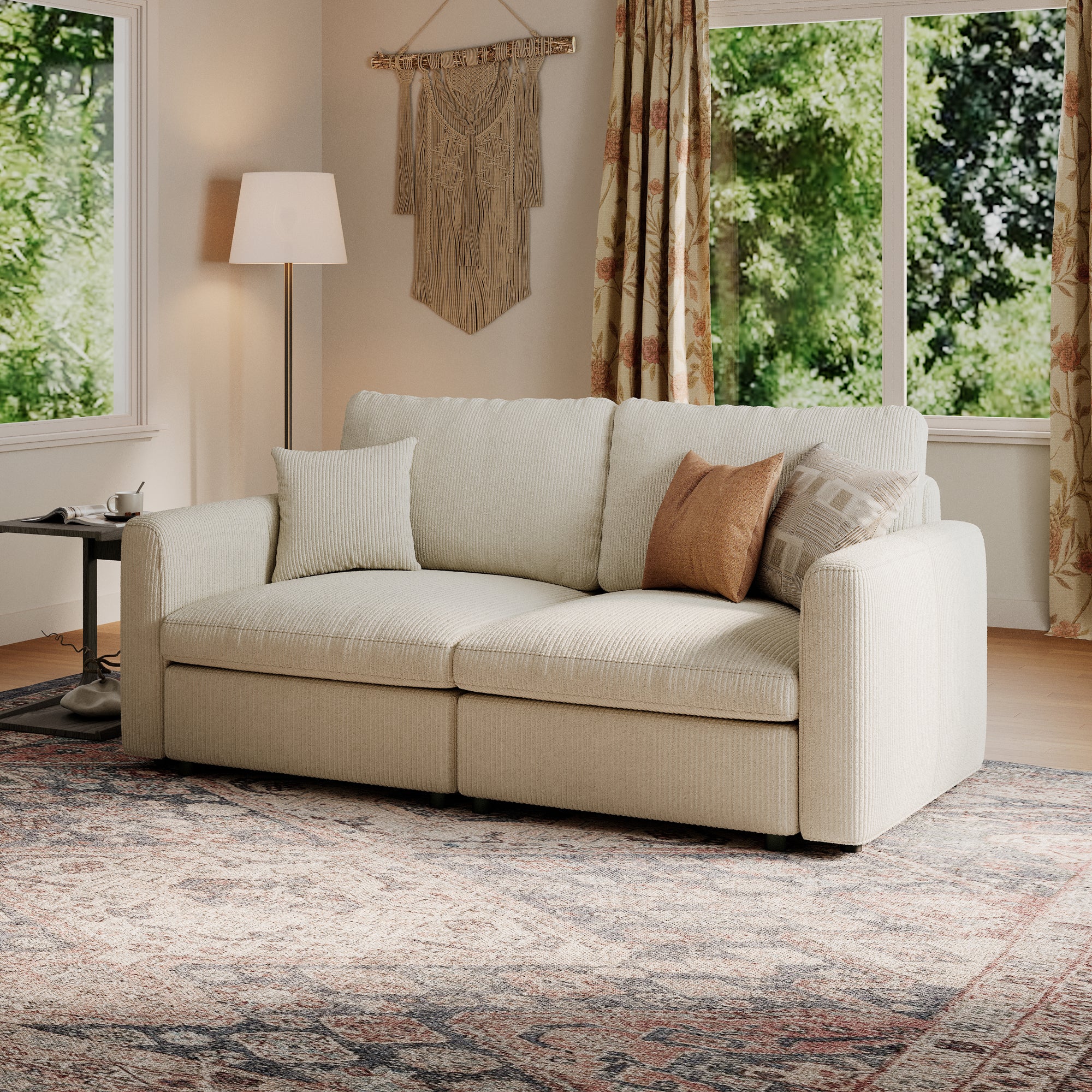 2-Seater Cream Corduroy Modular Sofa with Deep Seat