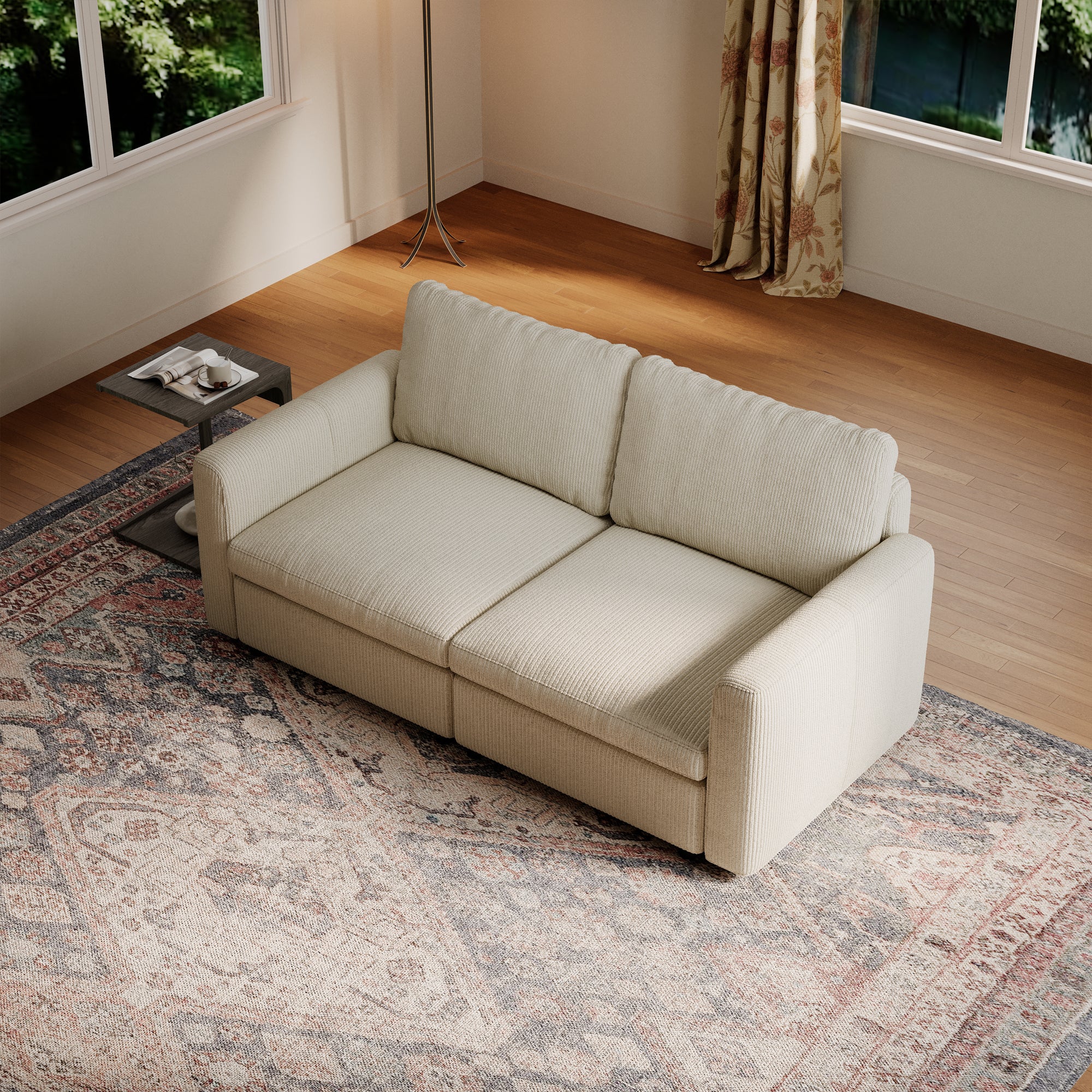 2-Seater Cream Corduroy Modular Sofa with Deep Seat
