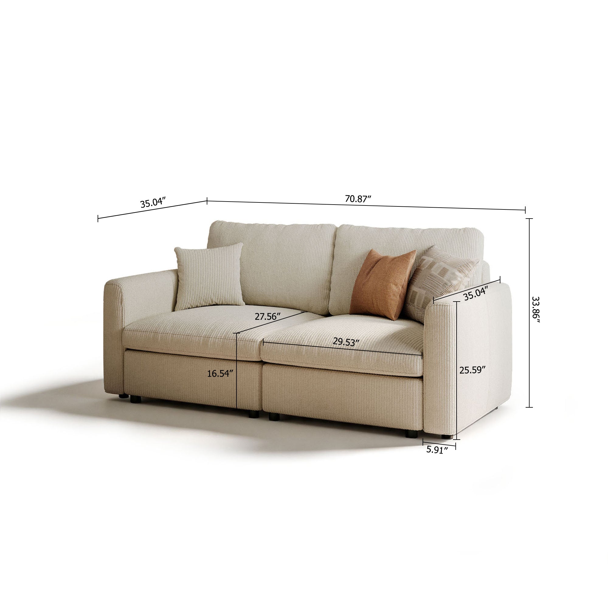 2-Seater Cream Corduroy Modular Sofa with Deep Seat