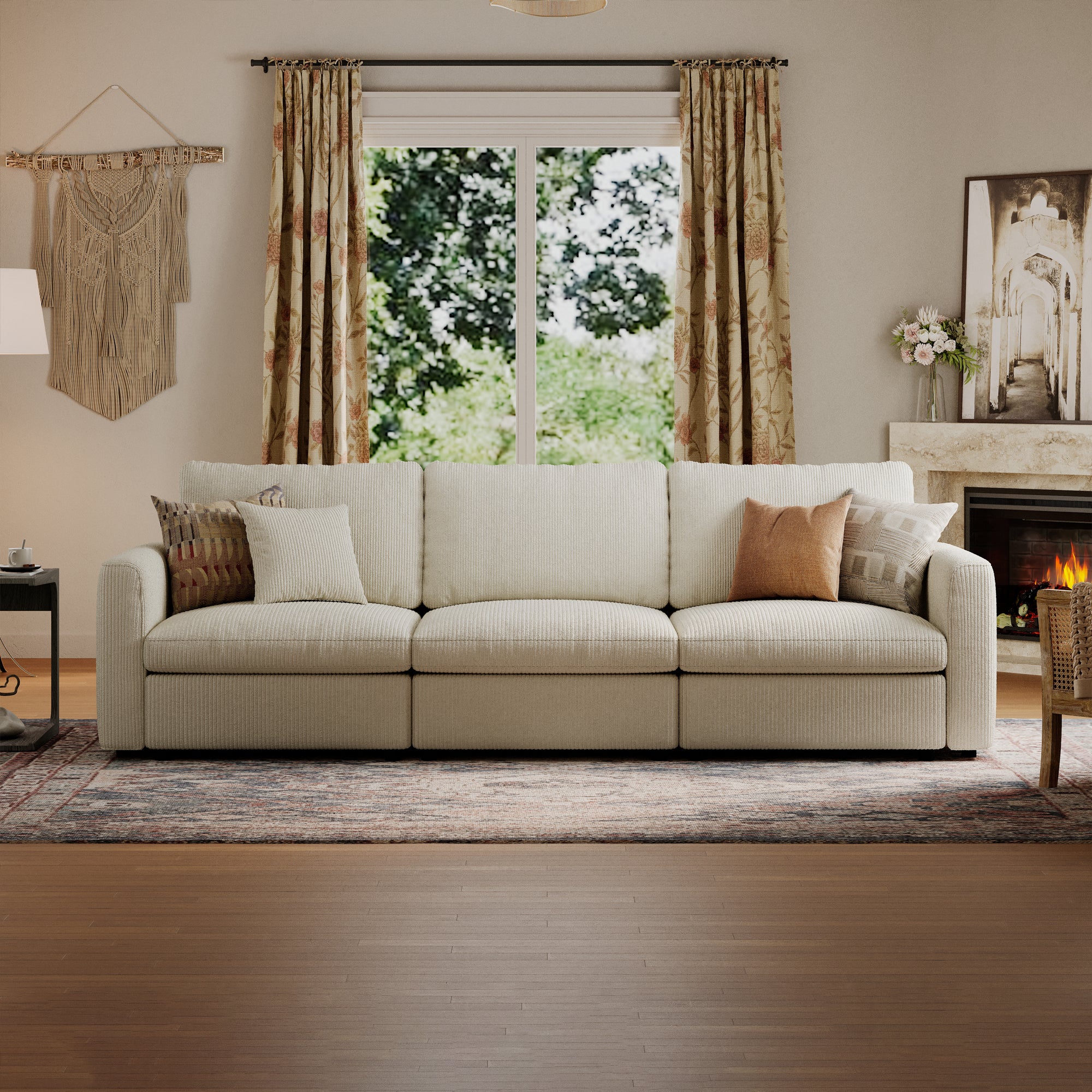 3-Seater Cream Corduroy Modular Sofa with Deep Seat