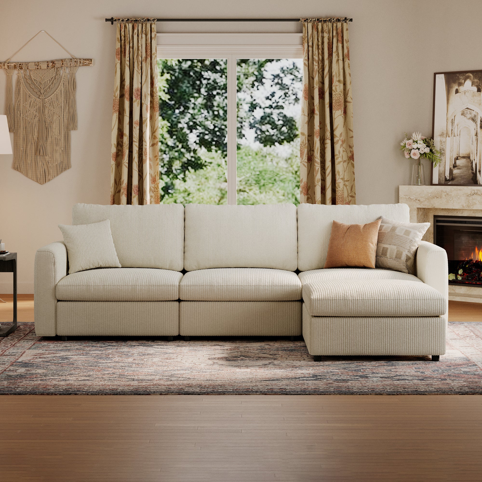 3-Seater + Ottoman Cream Corduroy Modular Sofa with Deep Seat