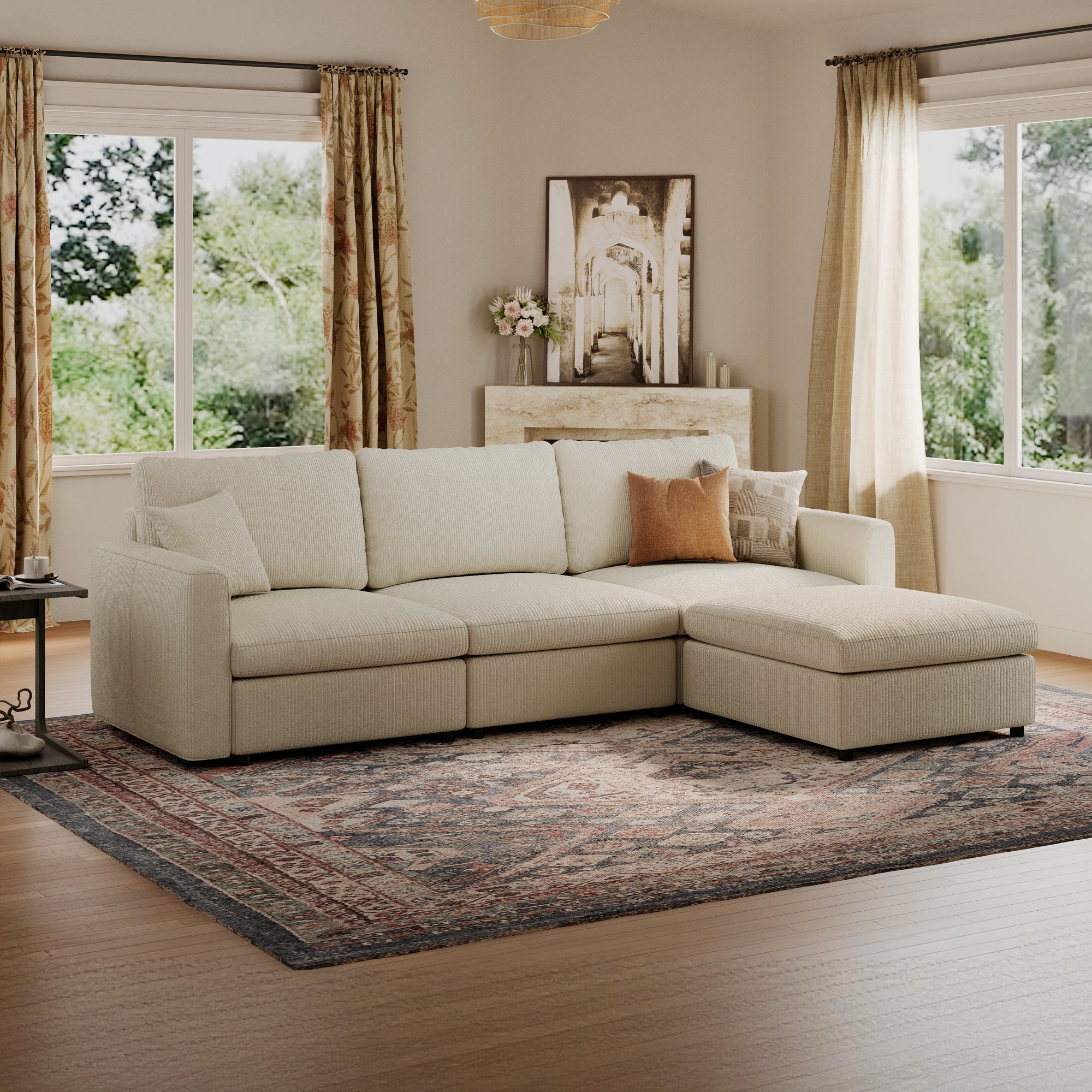 3-Seater + Ottoman Cream Corduroy Modular Sofa with Deep Seat