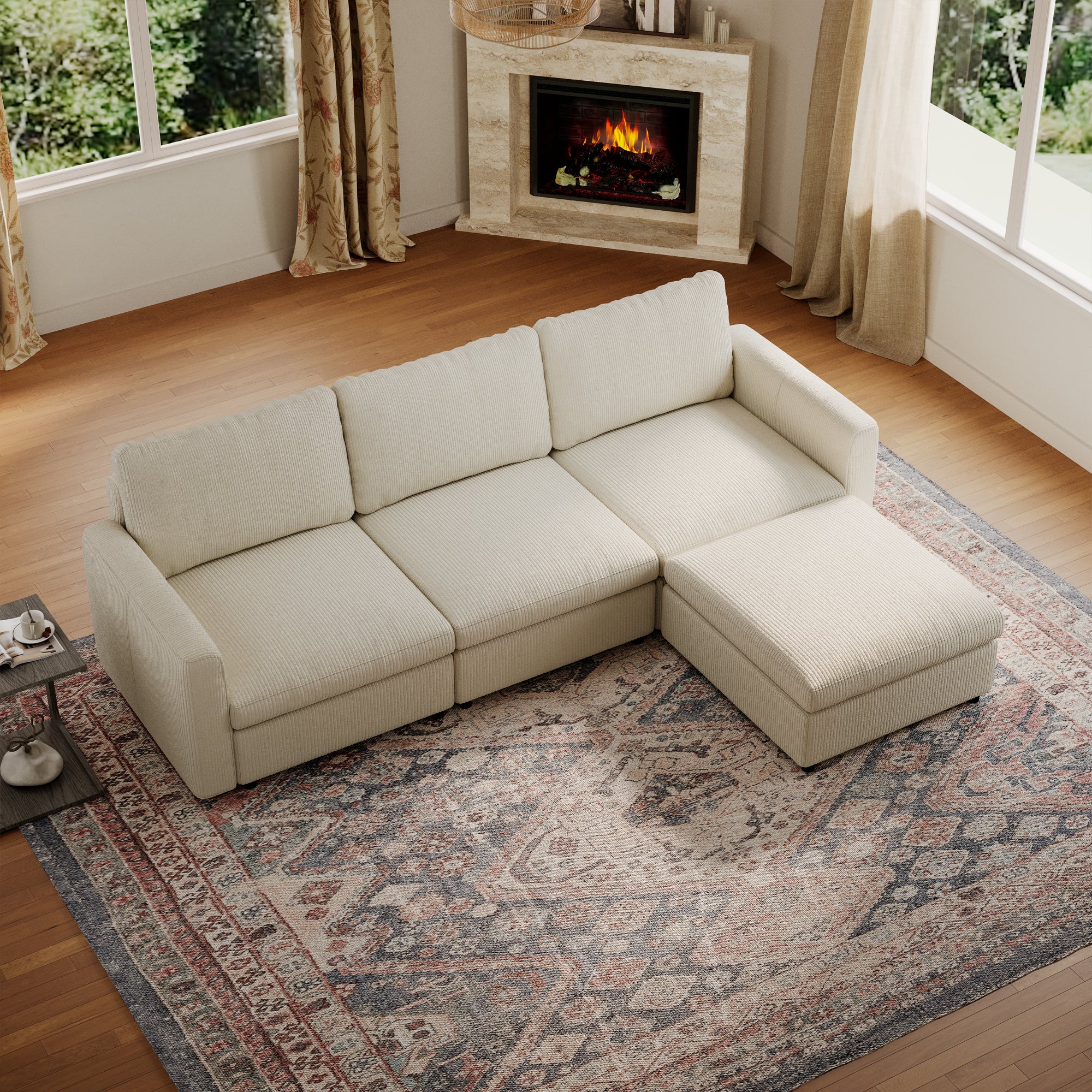 3-Seater + Ottoman Cream Corduroy Modular Sofa with Deep Seat