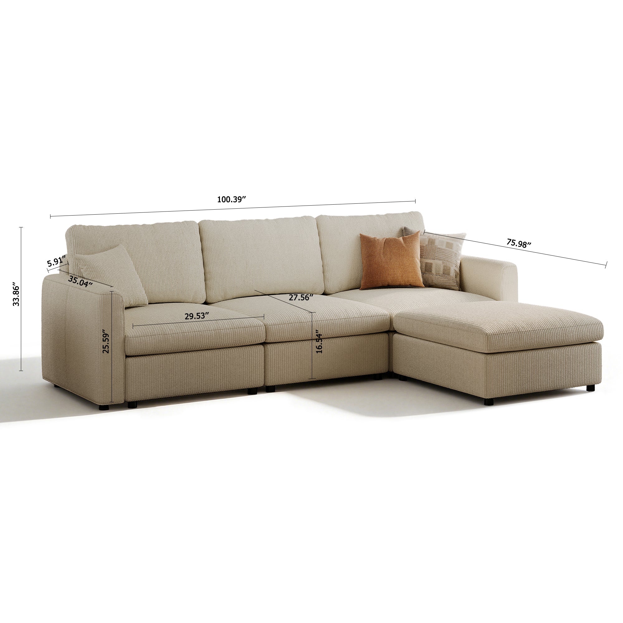 3-Seater + Ottoman Cream Corduroy Modular Sofa with Deep Seat