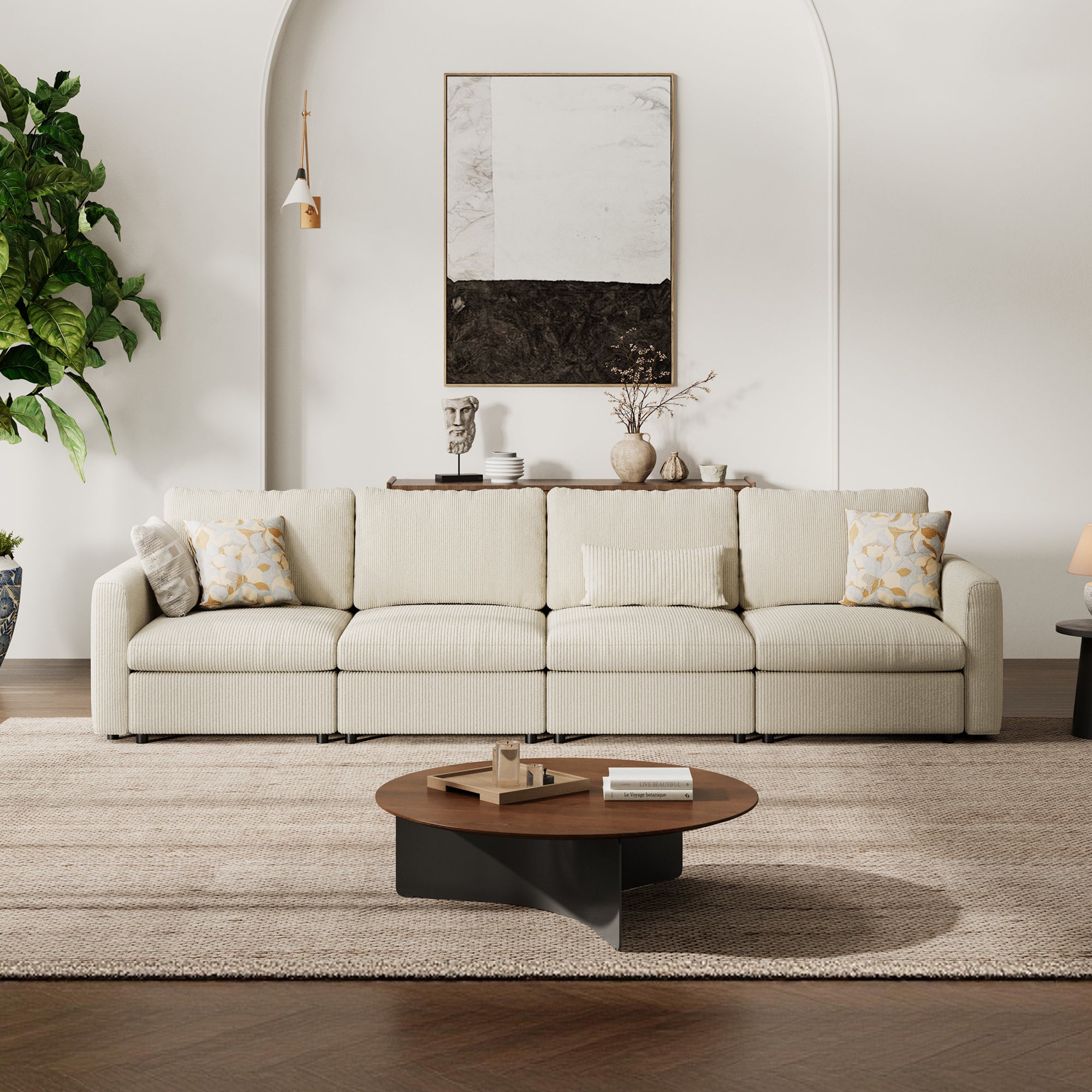 4-Seater Cream Corduroy Modular Sofa with Deep Seat