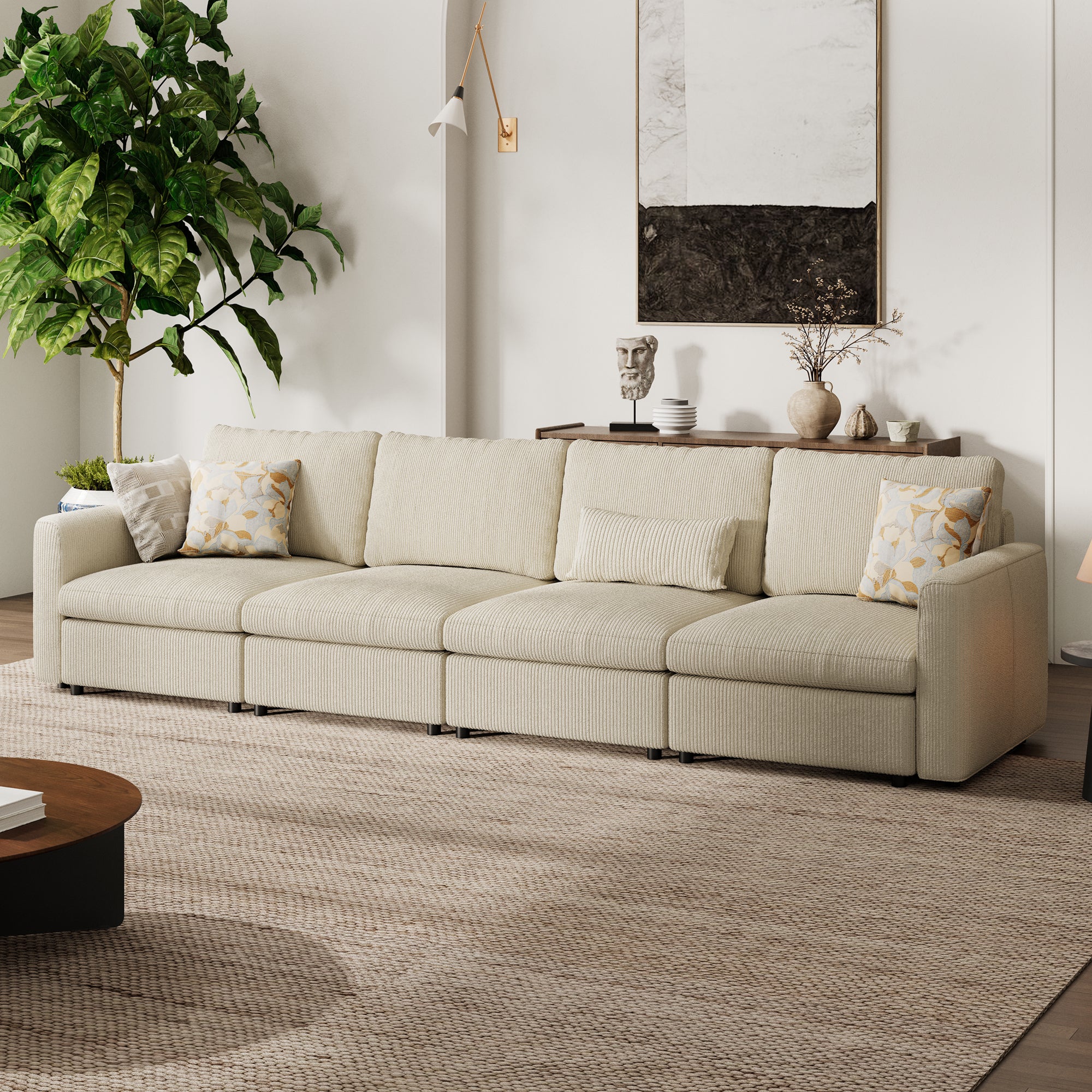 4-Seater Cream Corduroy Modular Sofa with Deep Seat