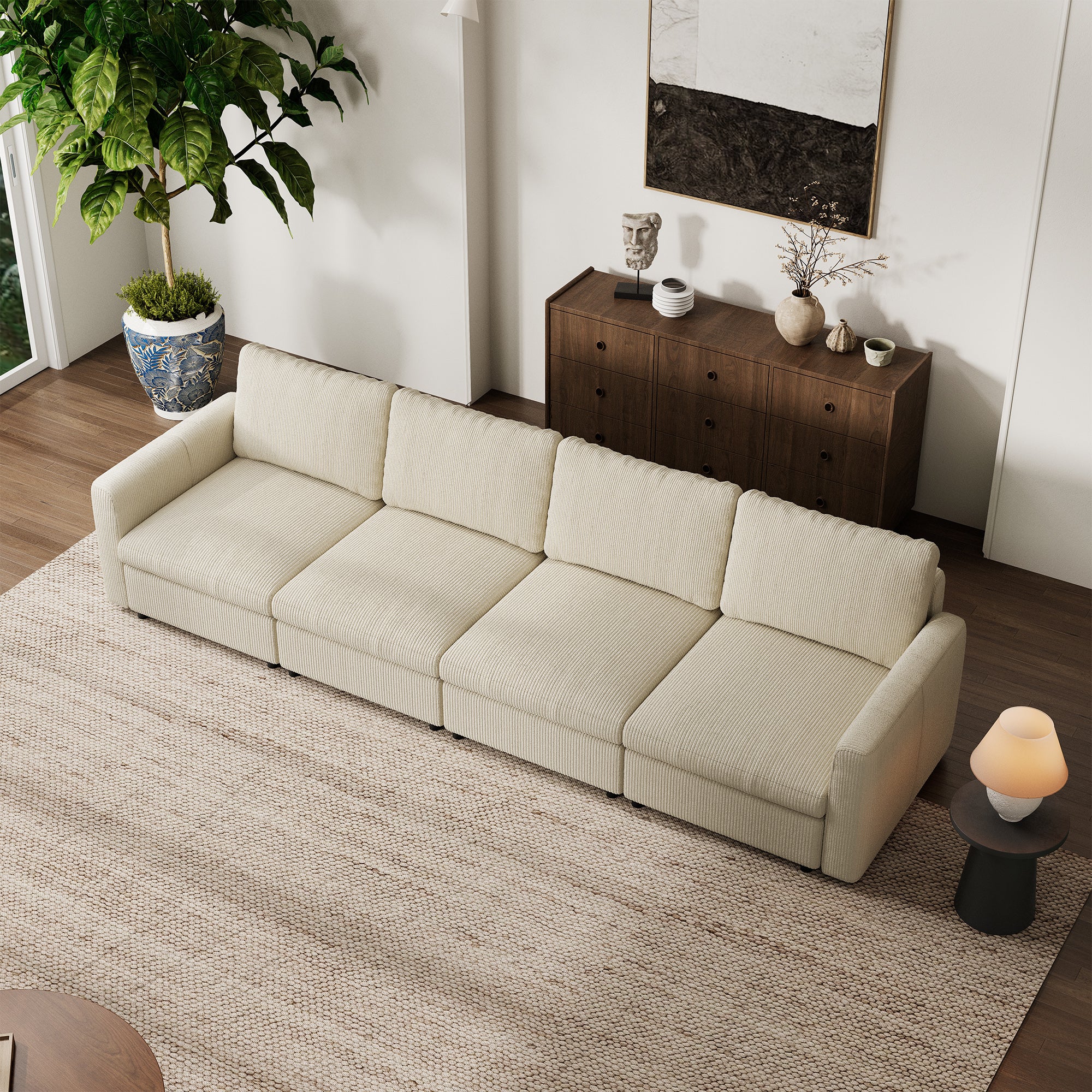 4-Seater Cream Corduroy Modular Sofa with Deep Seat