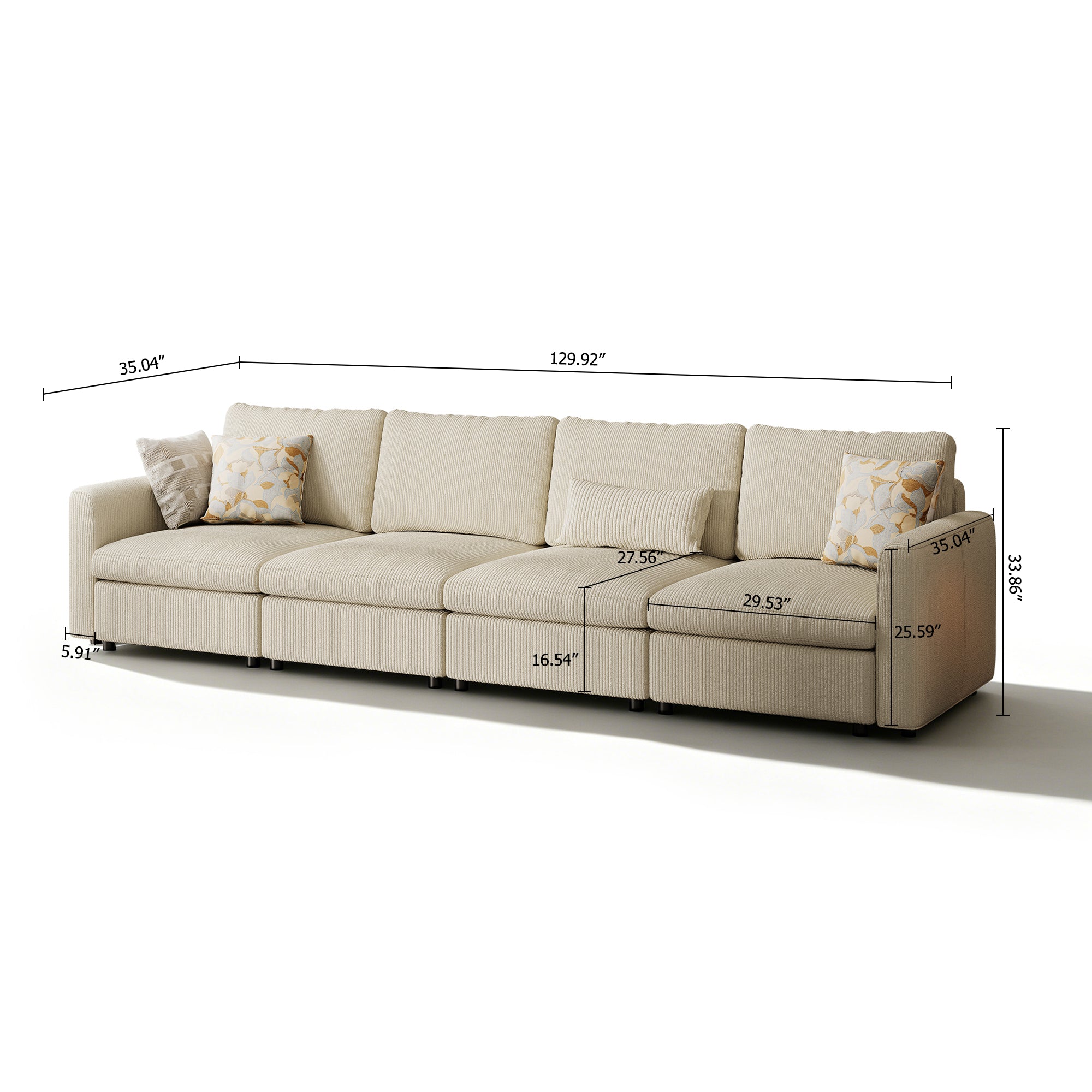 4-Seater Cream Corduroy Modular Sofa with Deep Seat