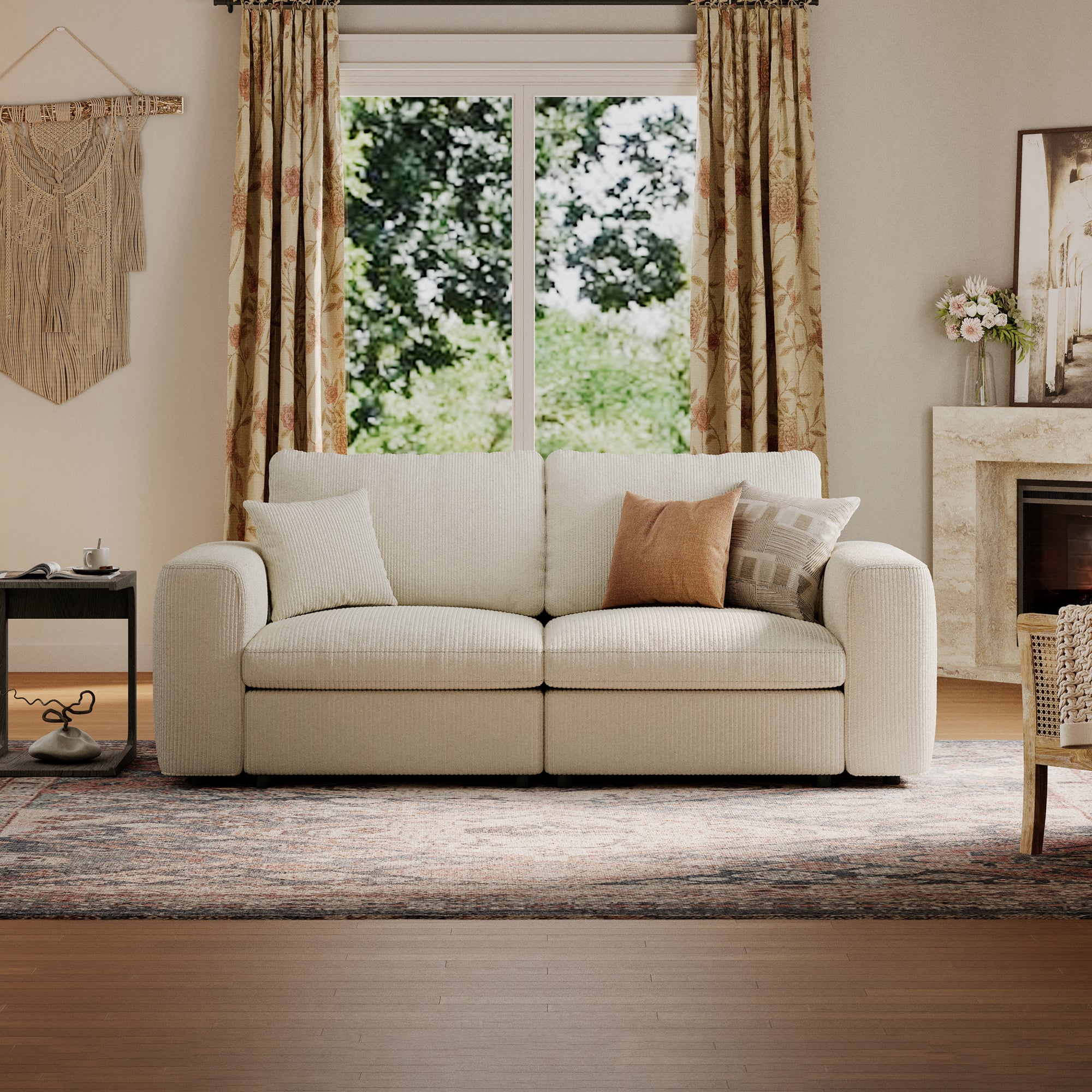2-Seater Cream Corduroy Modular Sofa with Deep Seat