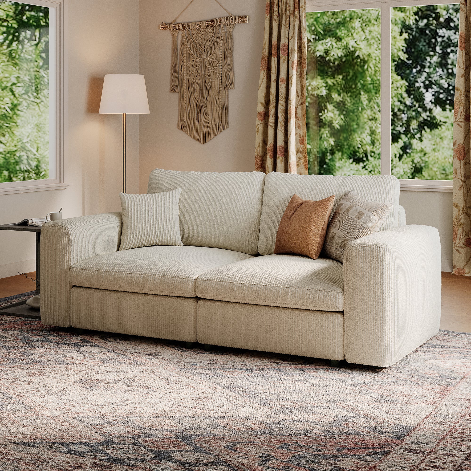 2-Seater Cream Corduroy Modular Sofa with Deep Seat