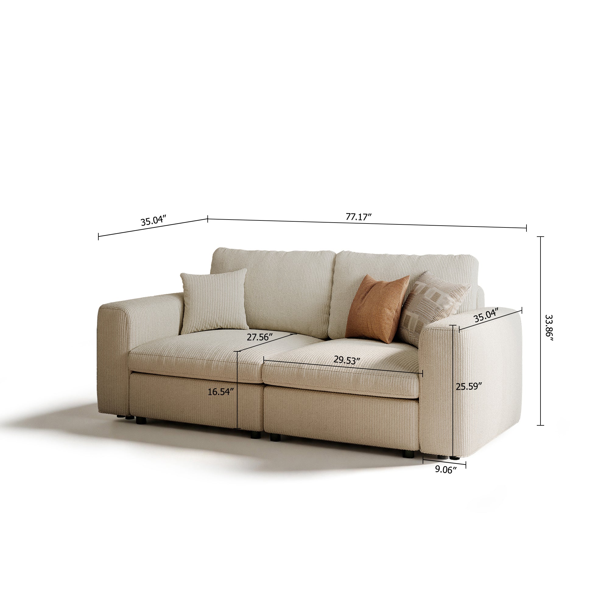 2-Seater Cream Corduroy Modular Sofa with Deep Seat