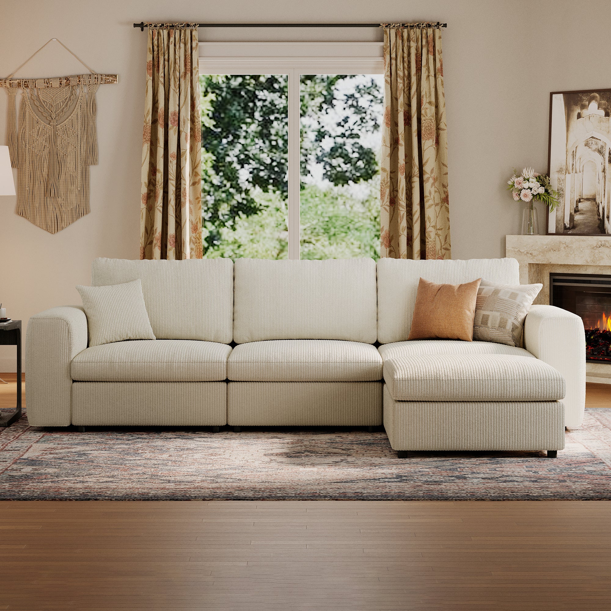3-Seater + Ottoman Cream Corduroy Modular Sofa with Deep Seat