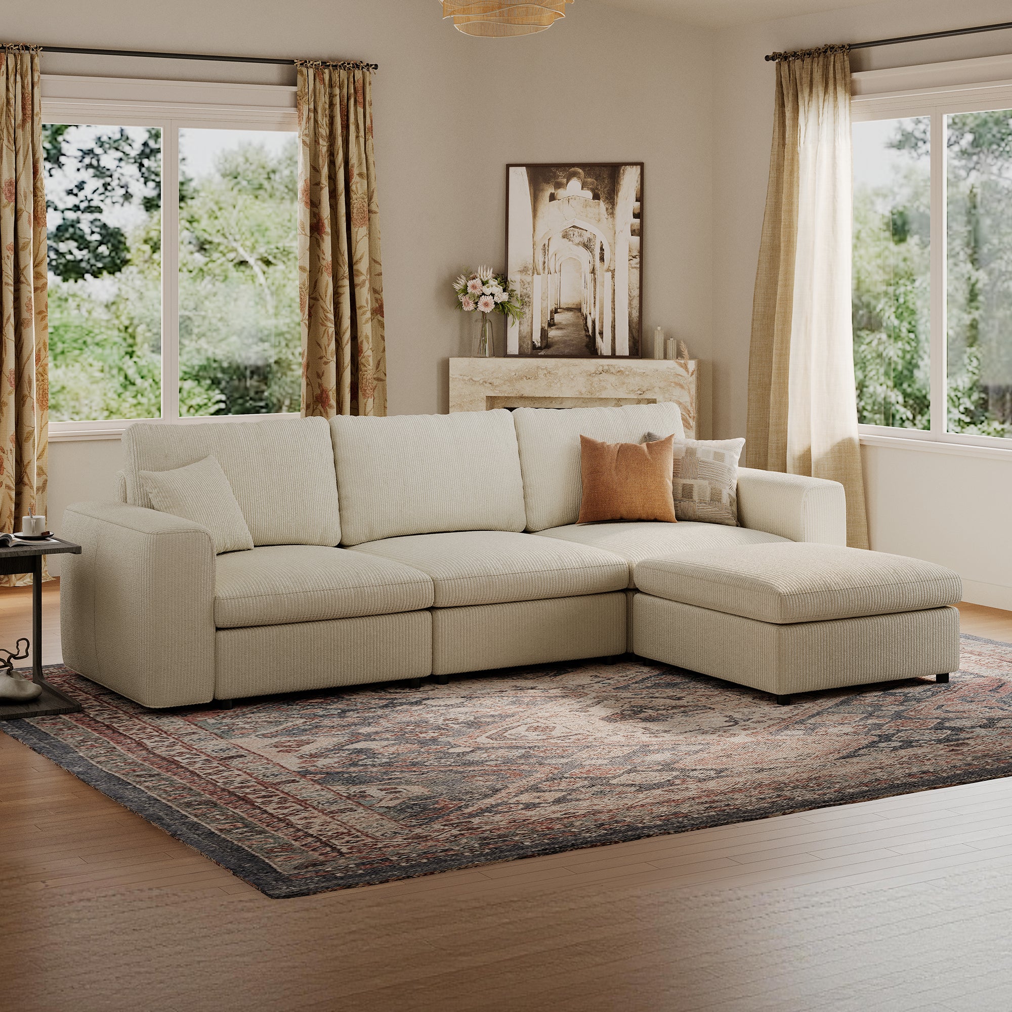3-Seater + Ottoman Cream Corduroy Modular Sofa with Deep Seat