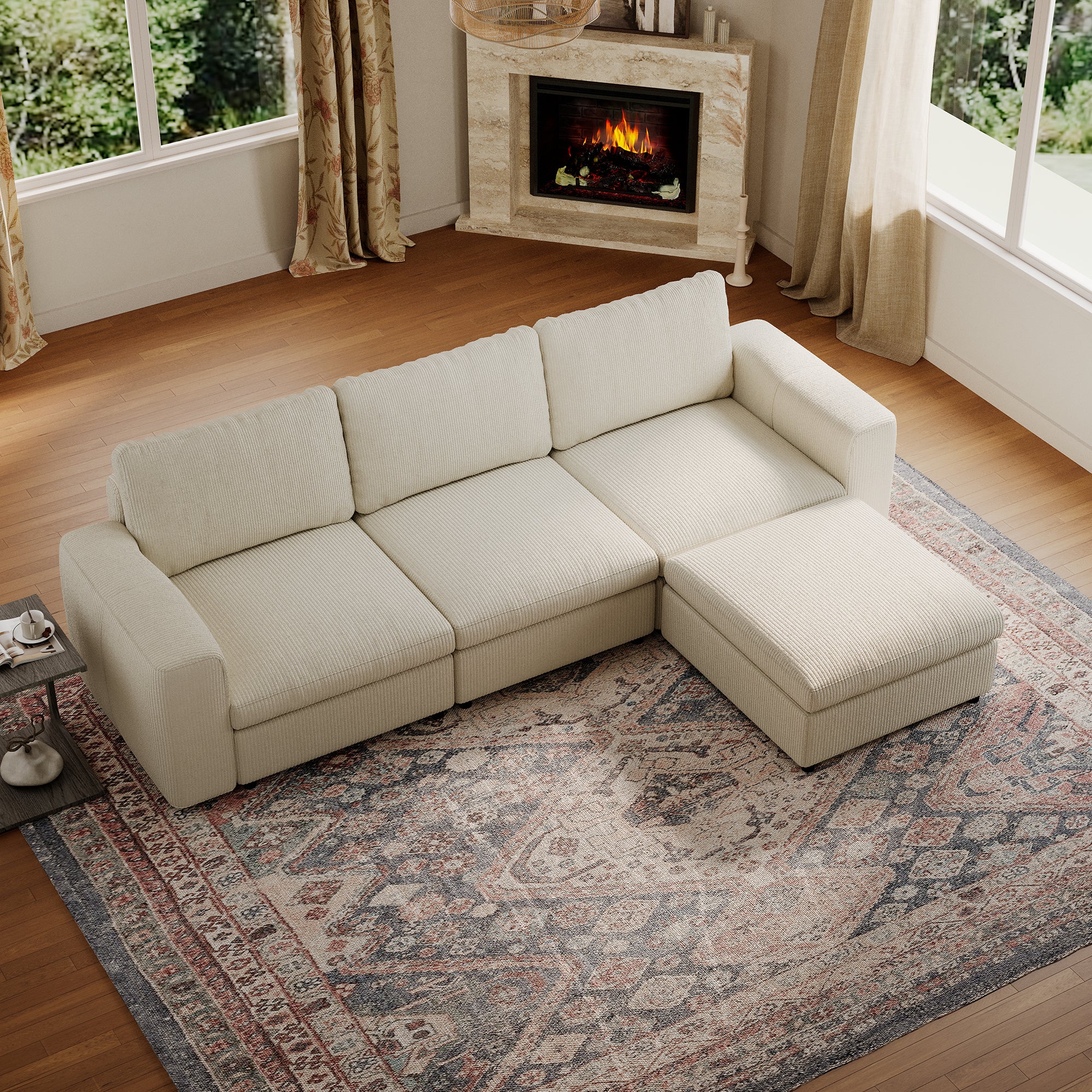 3-Seater + Ottoman Cream Corduroy Modular Sofa with Deep Seat